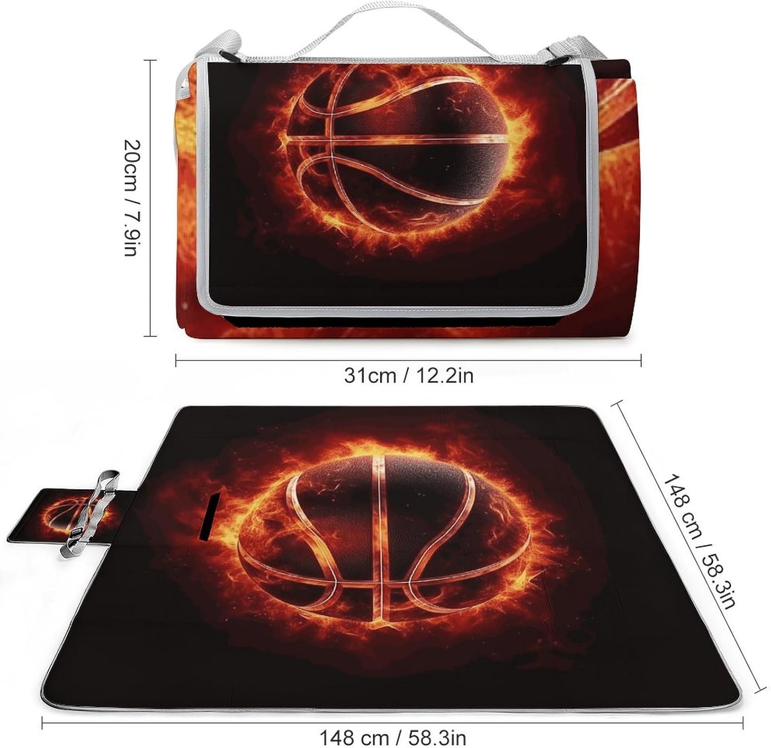 Basketball in Fire Waterproof Picnic Blanket 58.3''x58.3'',Portable and Foldable Picnic Mat with Handle,Outdoor Blankets for Lawn Park Beach Travel