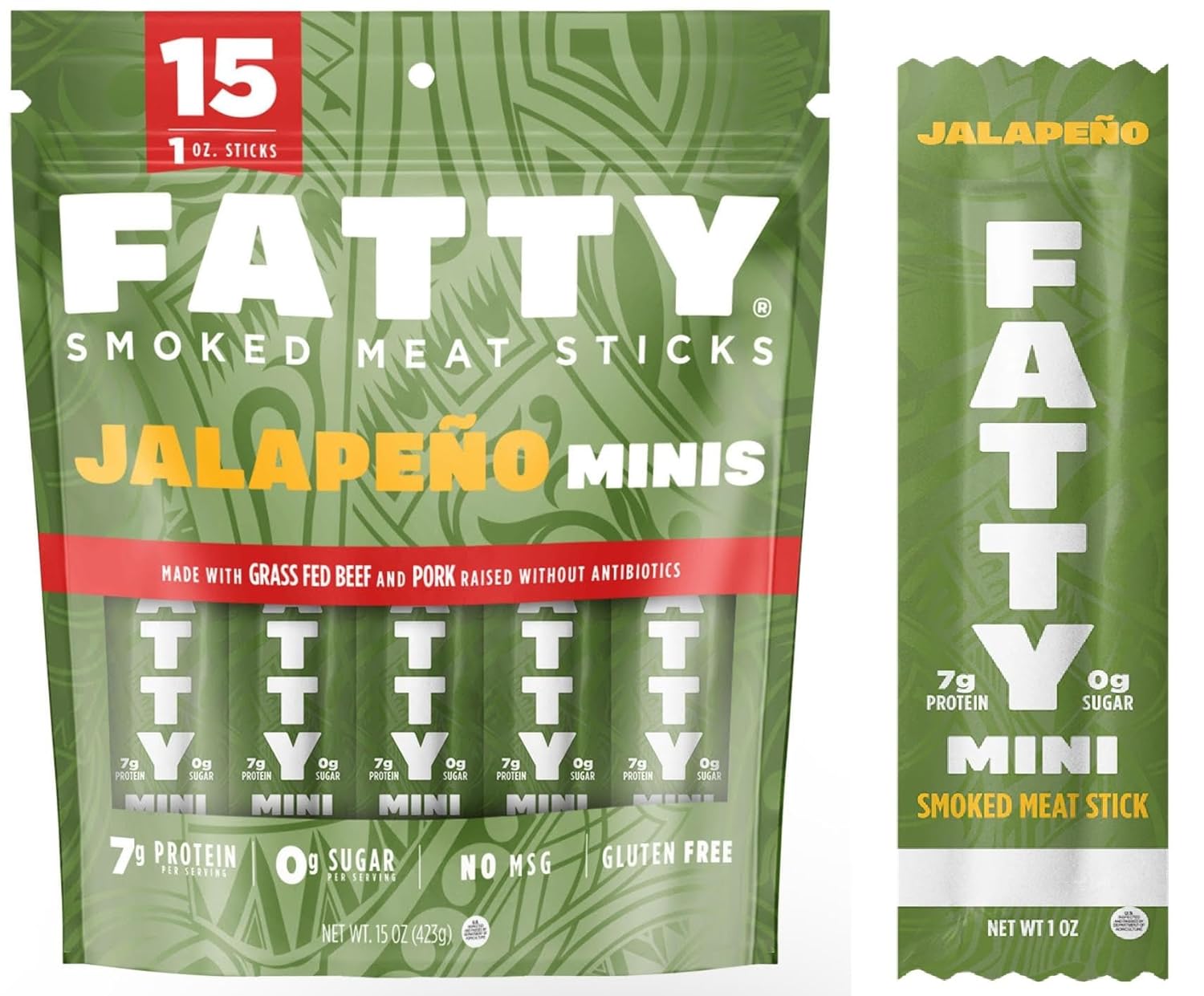 (Total 15 Jalapeno Minis Sticks) Fatty Smoked Meat Sticks, Jalapeno Minis Flavor, Made with Grass Fed Beef and Pork Raised Without Antobiotics,1 Ounce/Stick