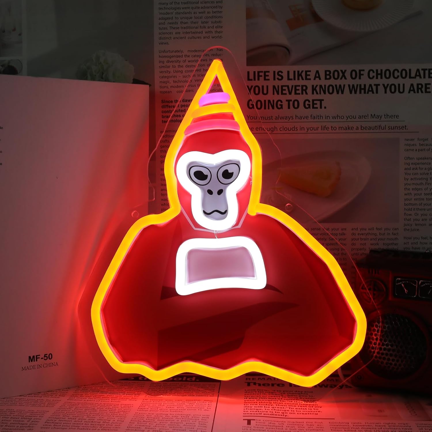 Orange Gorilla Neon Sign Fun Gaming LED Lights Sign with Party Hat for Wall Decor, USB Dimmer Sign for Birthday Game Room Bedroom Party Men Cave Gifes for Kids