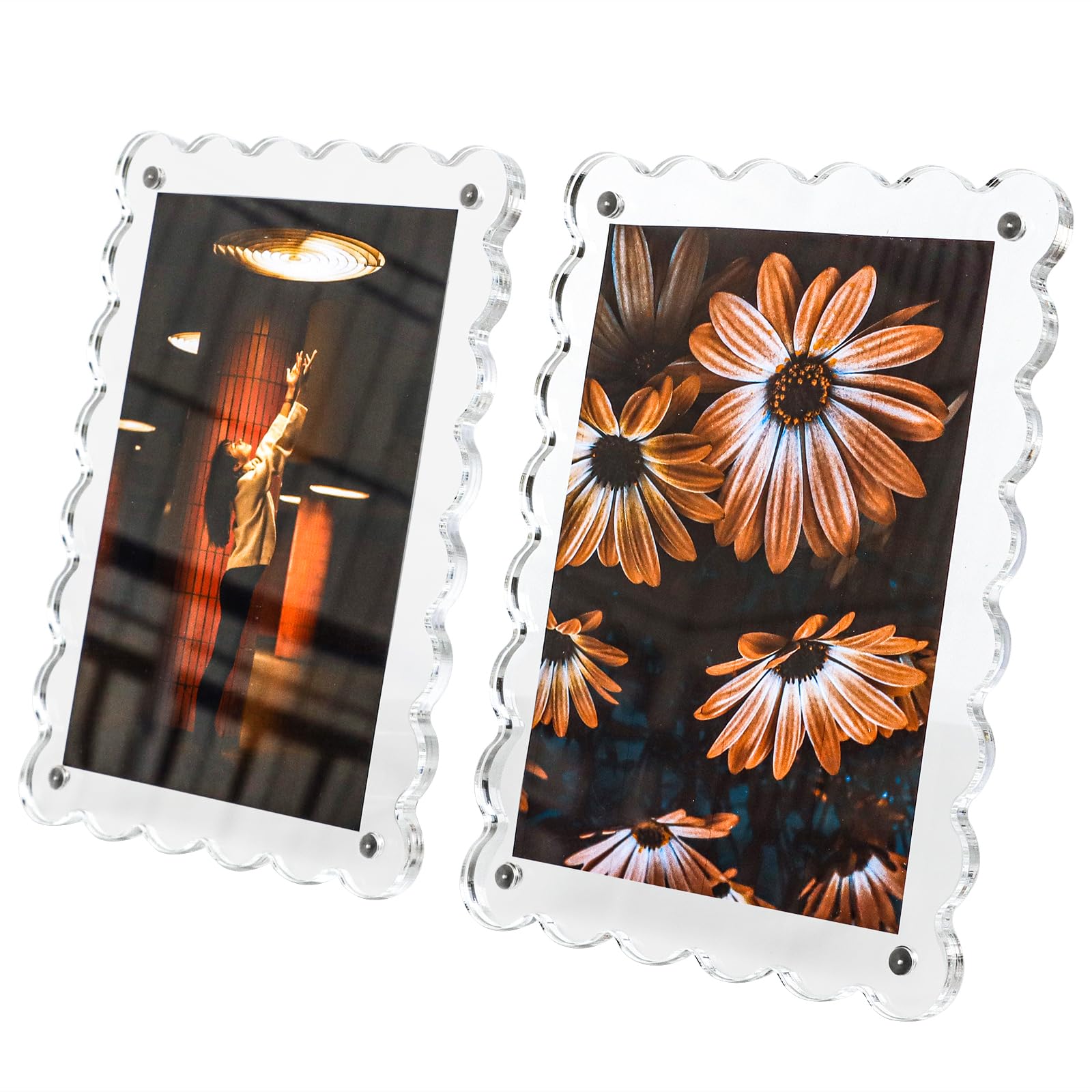 LIANHELILAI 5x7 Picture Frames Scalloped Acrylic Magnetic Clear Photo Frames with Removable Stand for Home/Office Desk/Table Picture Vertical and