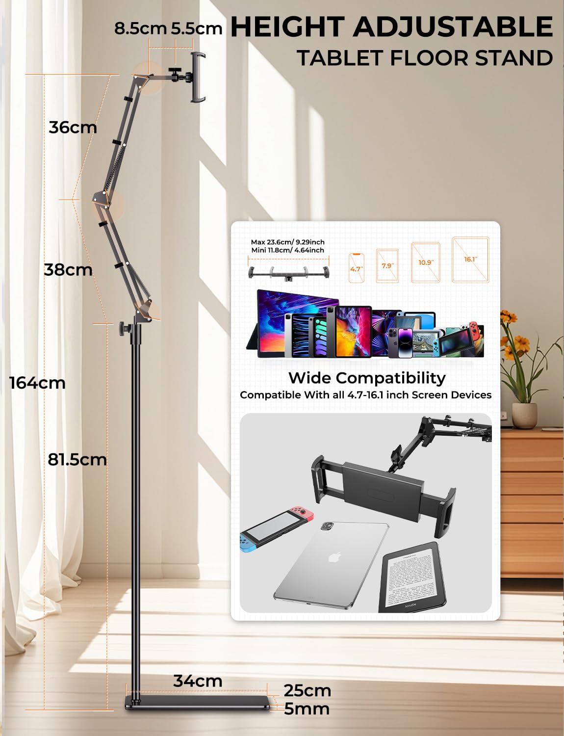 Tablet Bodenständer mit RF Fernbedienung Seitenwenden zum Lesen für Kindle, Flexibl Höhen & Winkelverstellbar mit Metall Basis, Ebook Zubehör mit iPad/Kindle Paperwhite/Handy/Switch, von 4,7-16.1 Zoll