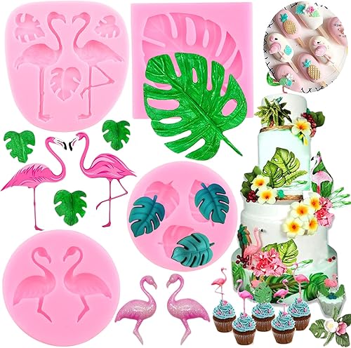 Mujiang Molde de silicona de hojas tropicales de flamenco, hojas de Monstera, moldes de fondant, hojas de palma, molde de caramelo para decoración