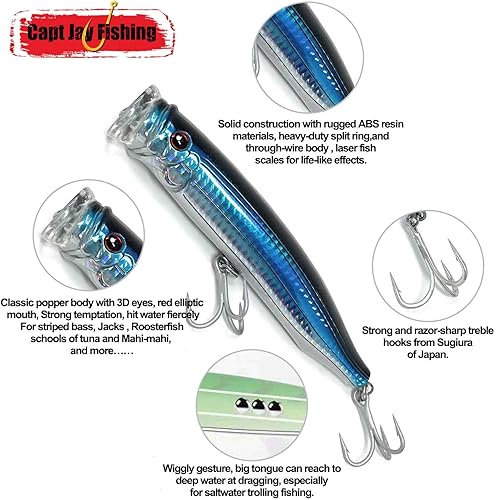 Miniatura 5 de Capt Jay Fishing Señuelos de agua salada, señuelos flotantes para pesca de surf, señuelos flotantes, poppers, señuelos de pesca, señuelos de pesca
