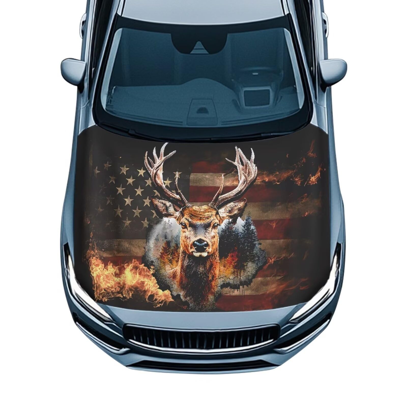 Fire Elk American Flag Car Hood Cover Slip-On Washable Elastic Weatherproof Fabric Elastic Band Fixation Fits Most Cars