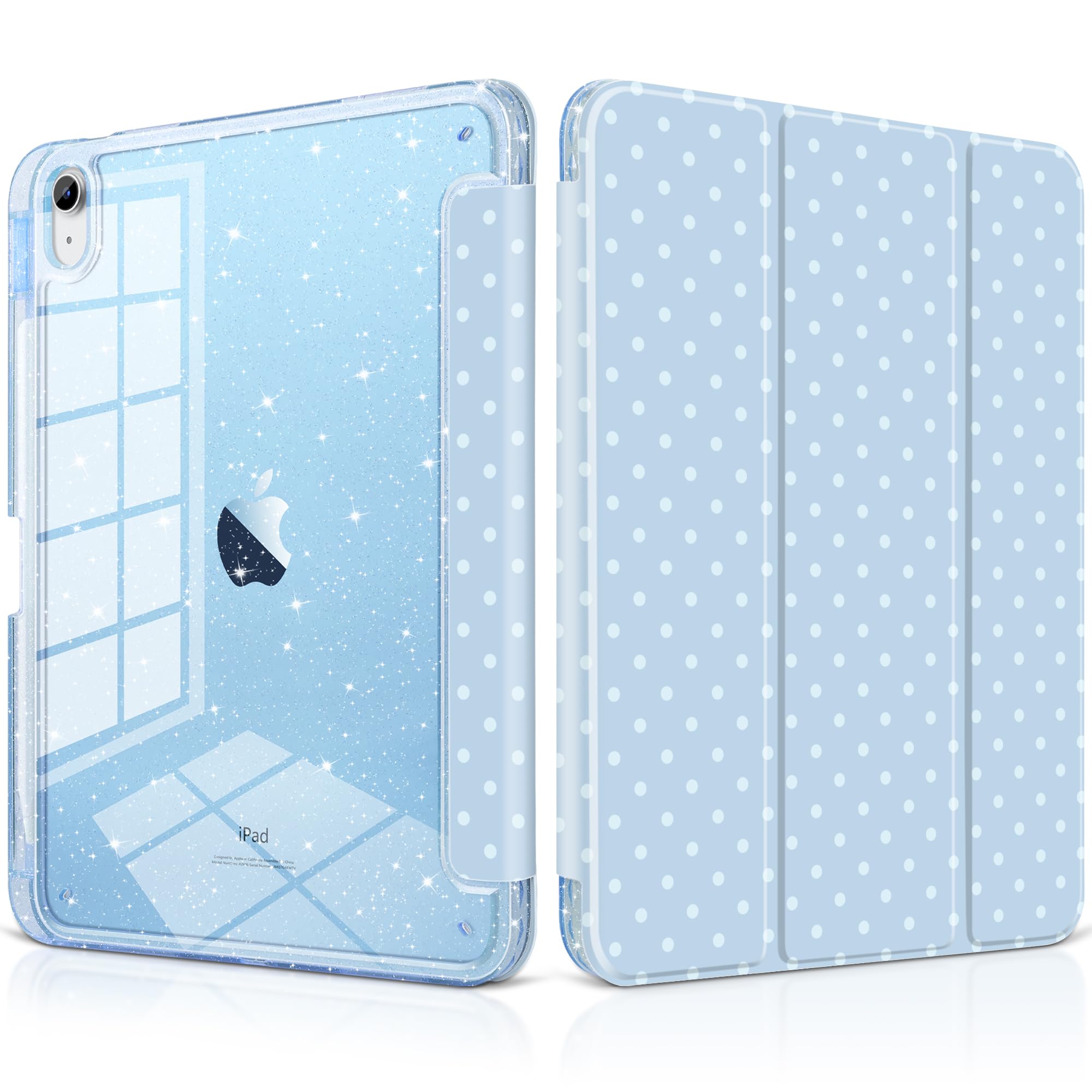 DONGKE for iPad 11th Generation Case (A16, 11-inch 2025) / iPad 10th Generation (10.9-inch 2022), Glitter Clear Acrylic Back, Pencil Holder, Trifold Stand, Auto Sleep/Wake - Blue Polka Dot