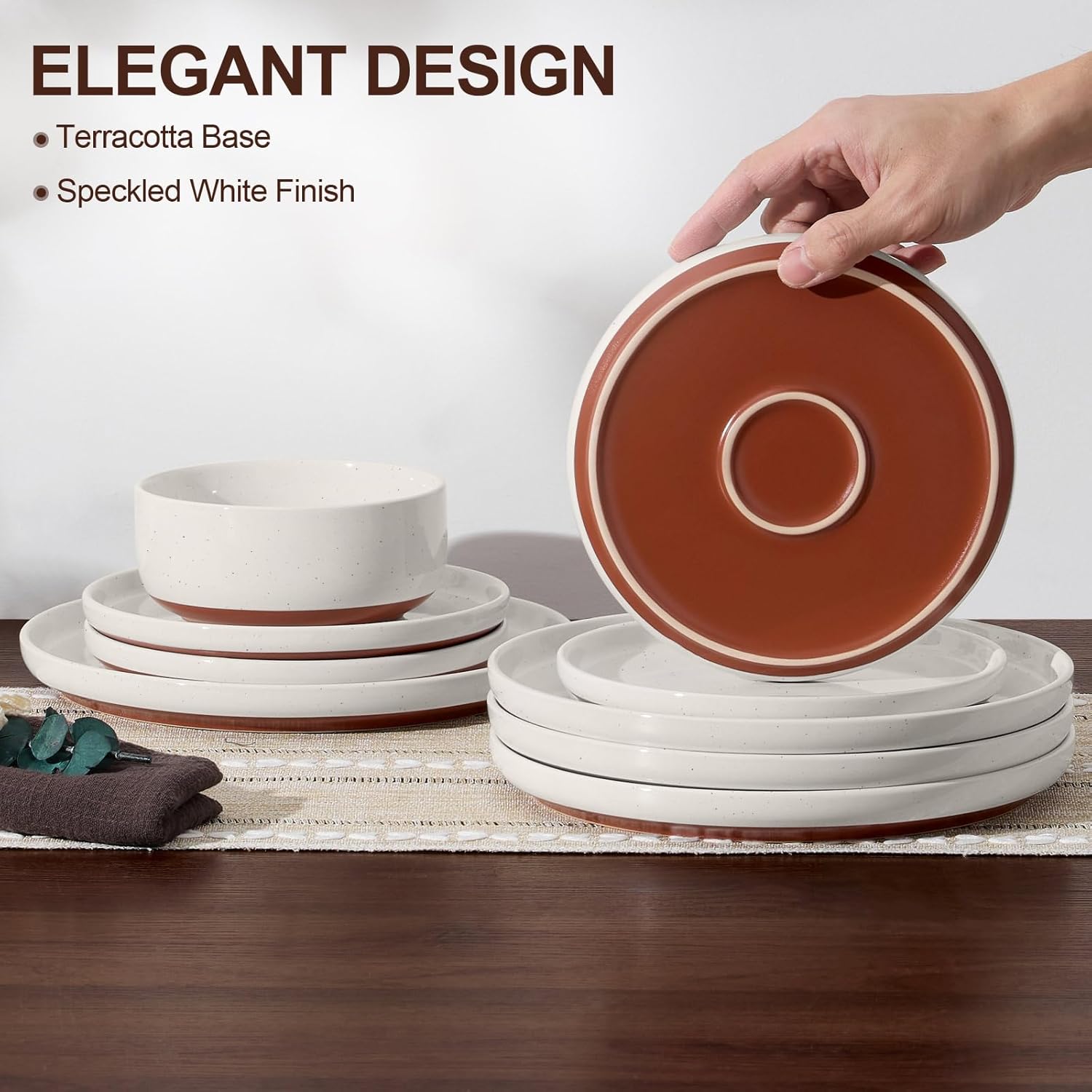 E-far 12-Piece Stoneware Dinnerware Sets, Plates and Bowls Sets for 4, Ceramic Dishware Dishes Set with Terracotta Base, Chip & Scratch Resistant, Microwave & Dishwasher Safe, Speckled White