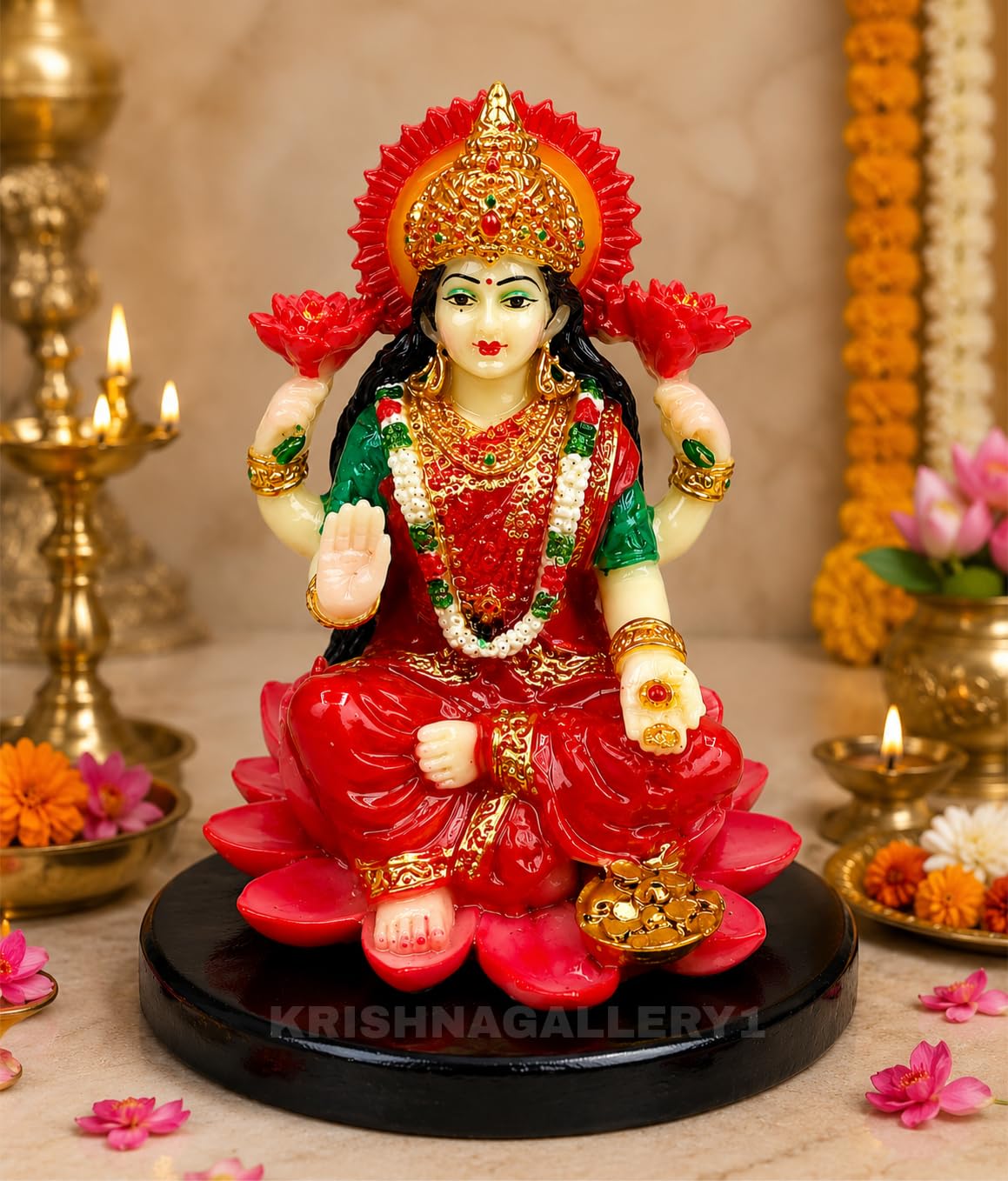 KRISHNAGALLERY1 Marble Look Laxmi Mata Ji Murti Statue Goddess Laxmi Idol For Pooja Gift Good Luck Money 4 Inch, Multi-coloured-image-17