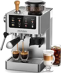 AIRMSEN - Máquinas de café expresso com moedor de rebarbas, 20 barras, batente de leite em bar, máquina de café em aço inoxidável para casa, cafeteira de cappuccino e café gelado e americano