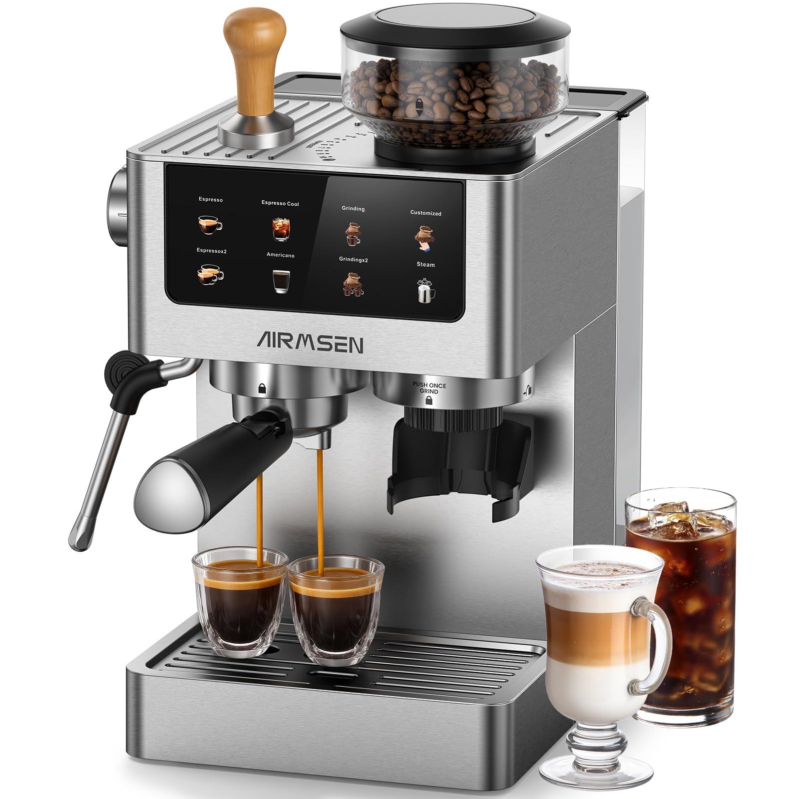 AIRMSEN Espresso Machines with Burr Grinder, 20 Bar, Milk Frother Steam Wand, Stainless Steel Coffee Maker for Home - Cappuccino Latte & ??Cold Brew?? Iced Coffee Maker & Americano