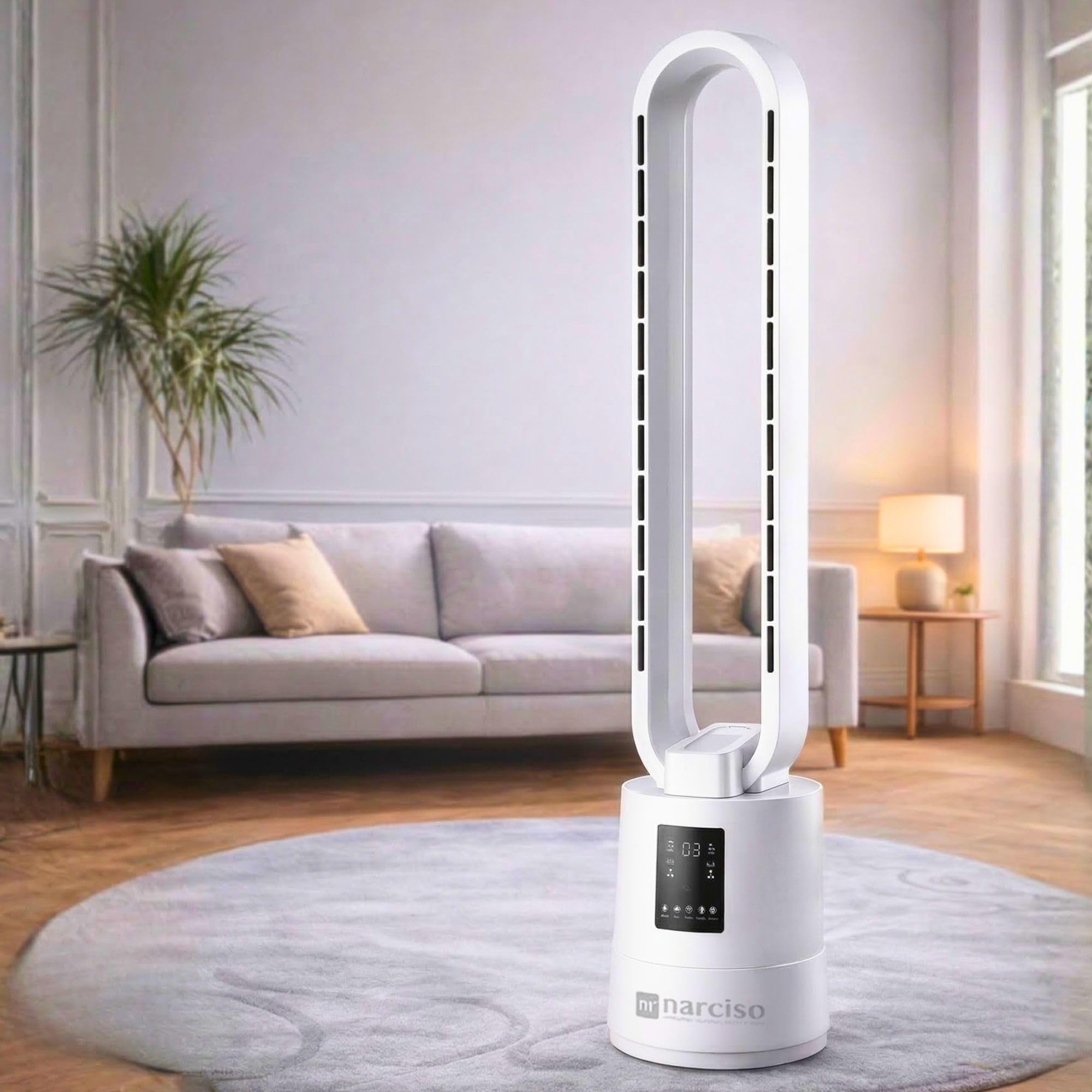 NARCISO - Ventilatore a Torre Senza Pale con Telecomando, Ventilatore Aria Fredda a Basso Consumo Energetico, Raffrescatore d'Aria Potente Portatile Facile da Spostare