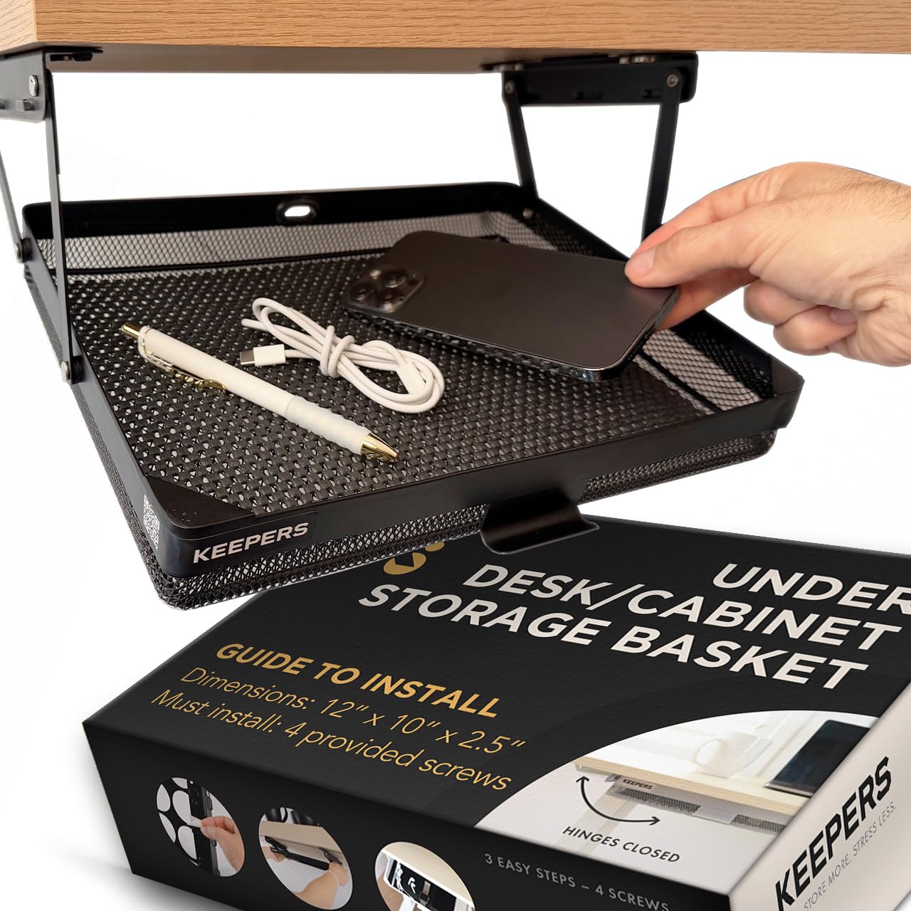 Everything Keeper - Organizer for Home, Kitchen, Bathroom, RV, Small Spaces - Storage Organizers - Compact Metal Basket - Under Cabinet Holder - Easy Install - Holds Strong - 13 x 10 x 2.5 in - Black