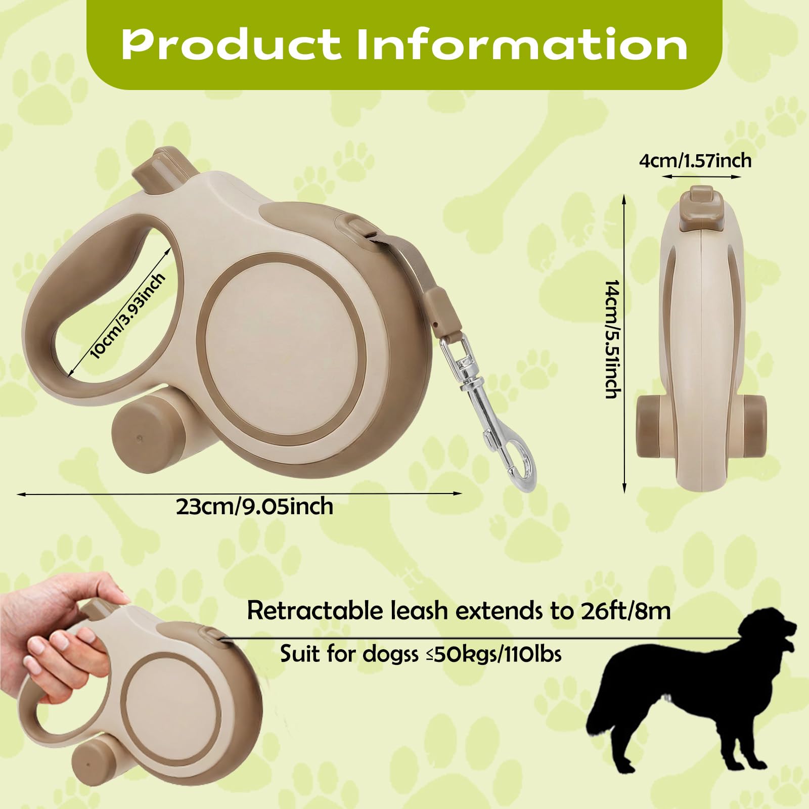 Hundeleine 8m, Robuste Rollleine für Hunde bis 50kg/110lbs, Flexileine mit Bequemen Griff & Kotbeutelhalter, 360°Anti-Verwicklung, für Kleine, Mittel & Große Hunde (Braun, 8 m)