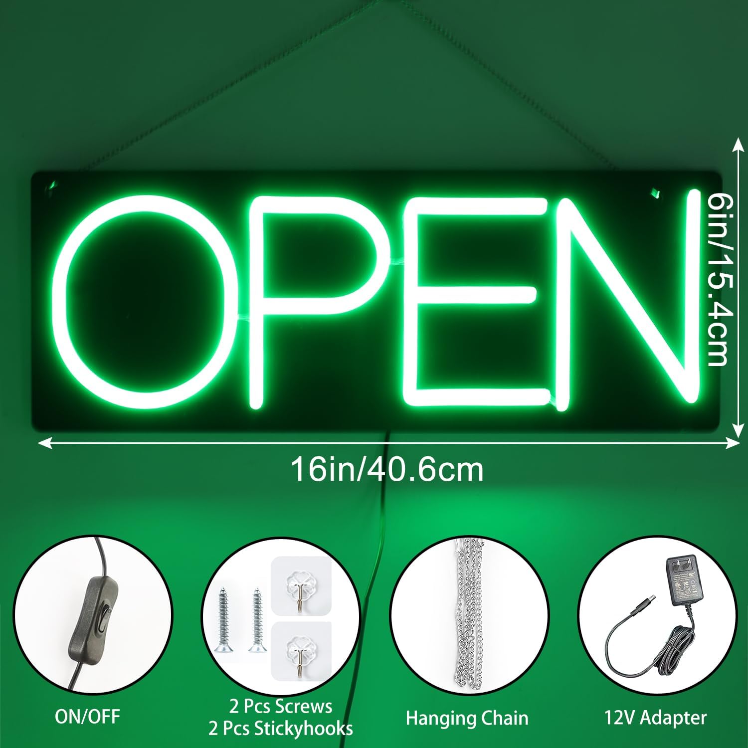 Open Signs for Business 12V/2A Ultra Bright LED Neon Open Sign 16 Inch Lighted Open Sign Electric Light Up Open Sign for Business Storefront Window Glass Door Retail Shop Store Bar Salon Restaurant,Green