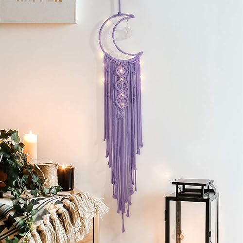 Macrame Moon Dream Catcher for Girl, Purple Boho Crescent Dreamcatcher