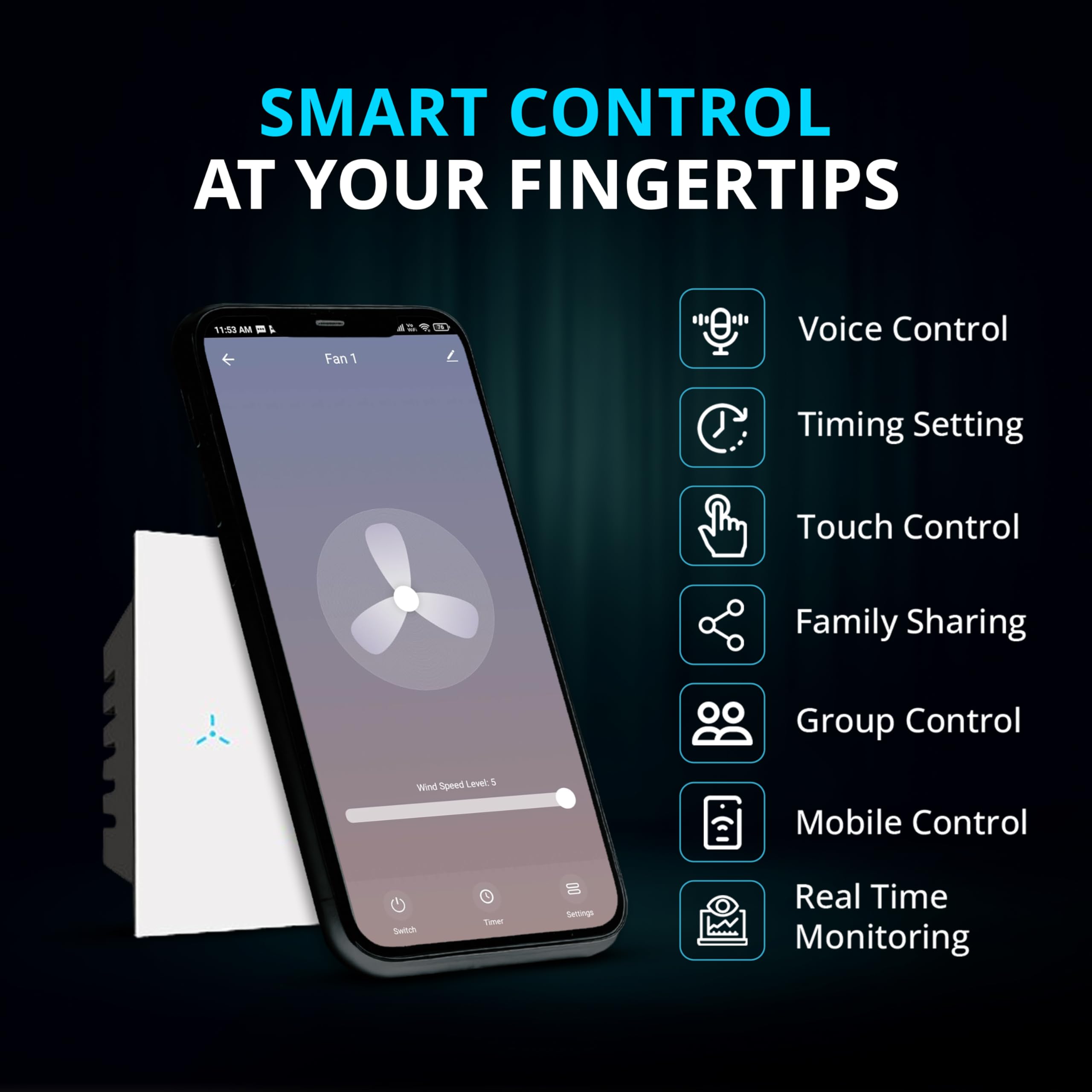HomeMate Wi-Fi Smart Fan Regulator Touch Switch | No Hub Required | Works with Amazon Alexa, Google Assistant & Siri (Pack of 1, White) 2