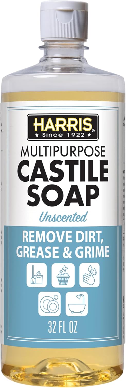 HARRIS Multi-Purpose Pure Castile Soap, Made with Olive, Coconut, and Pine Tree Oil, Uses for Cleaning Face, Body, Hand, Hair, Home, Dishes, and Laundry, Unscented, 32 Fl Oz