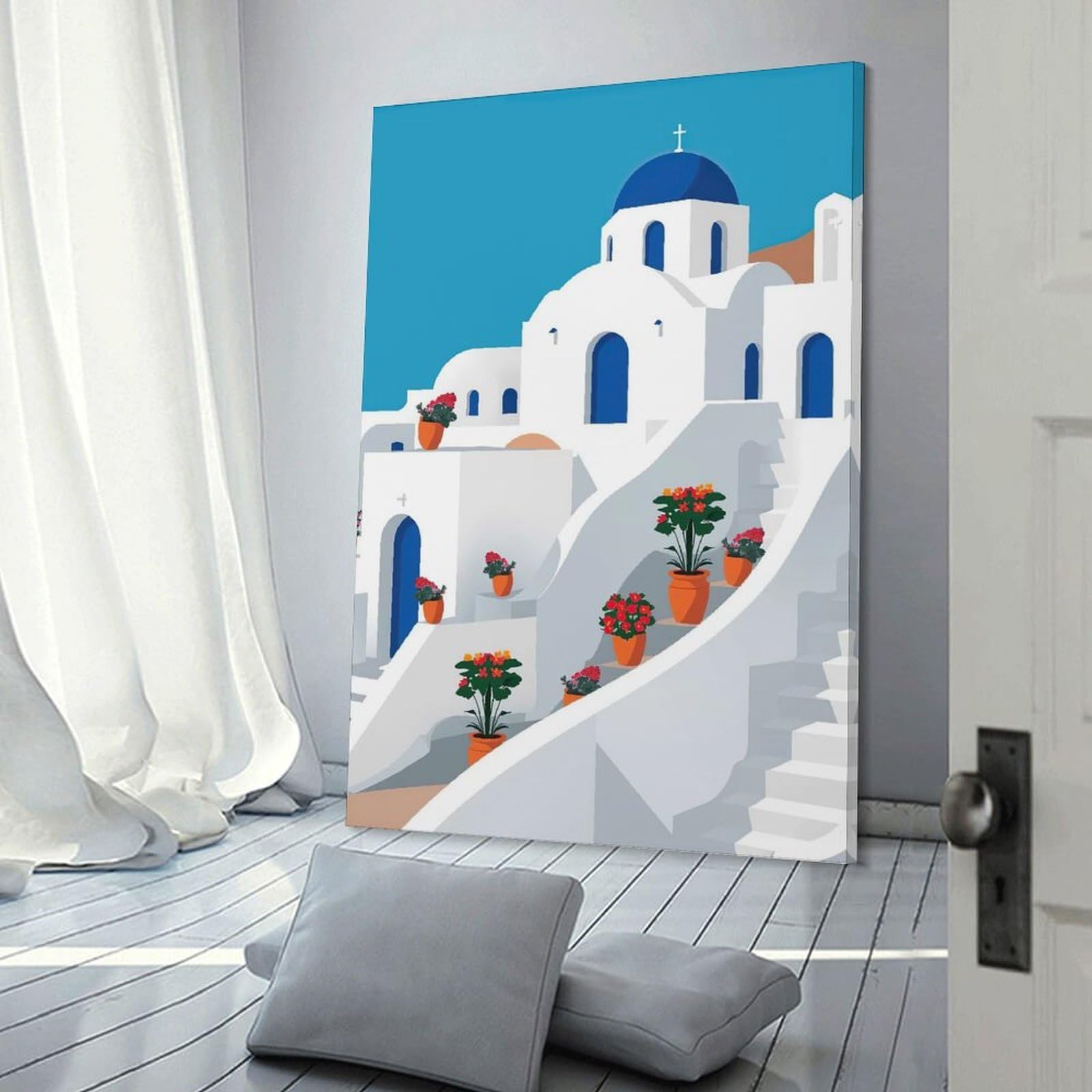 Junmoney Santorini Architecture with Flowers Wall Art Print, 20x30inch(50x75cm), for Entryway, Lounge Links Or Small Walls, Decorative Wall Art for Narrow Spaces