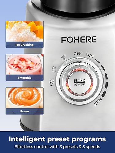 Miniatura 3 de FOHERE Licuadora profesional Peak de 1200 W, licuadora de encimera con 3 ajustes preestablecidos y 5 velocidades para batidos, batidos y bebidas