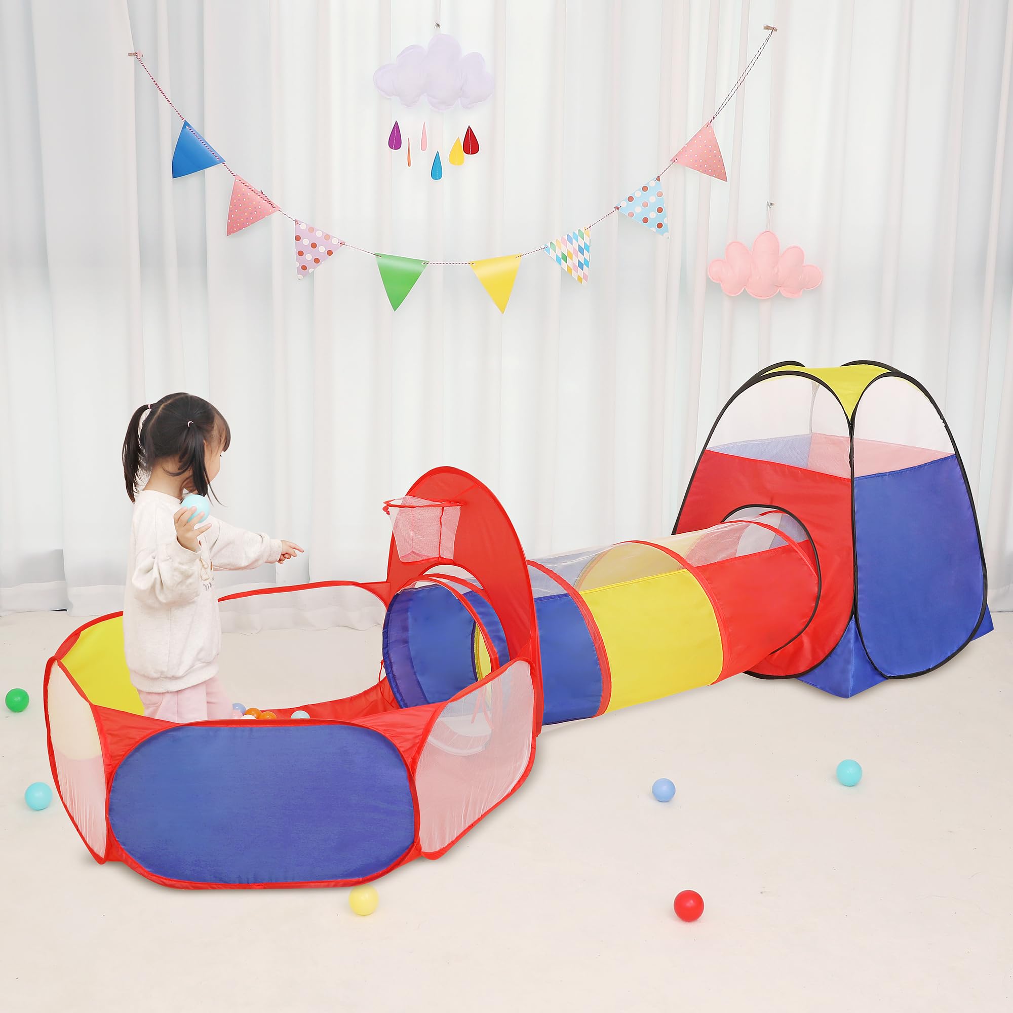 Tienda de campaña desplegable de 3 piezas, túnel de gateo, pozo de pelotas | Incluye estuche de transporte, casa de juegos interior para bebés, niños pequeños y niñas, 47 pulgadas de 2