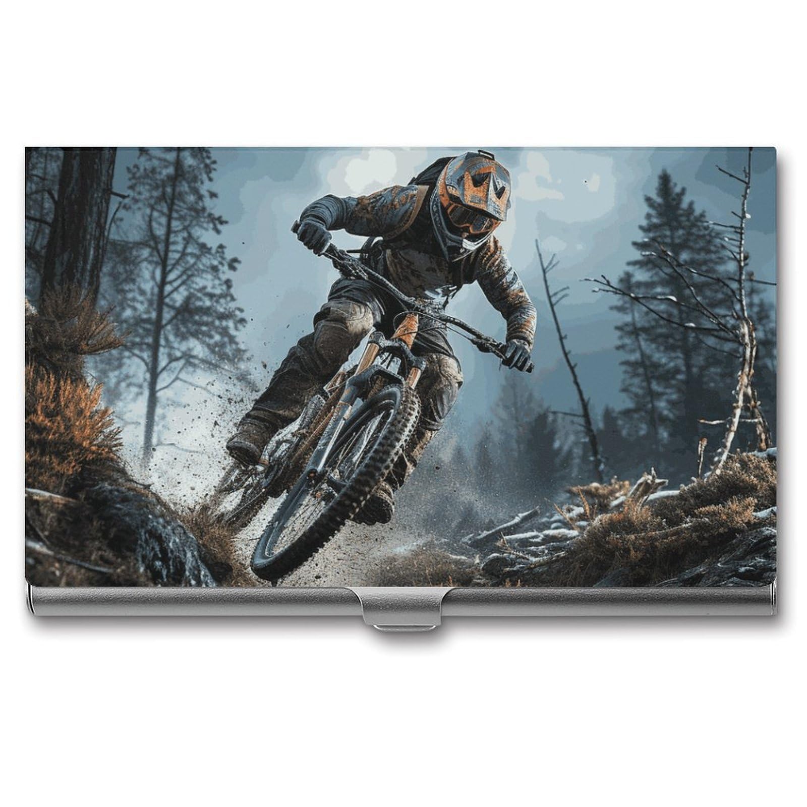 DWVTSLH Mountain Bike Tournament Business Card Holder, Slim Portable Metal Business Card Case Pocket Wallet Professional Name Cards Holder for 22-30 Cards, Credit Card ID Case/Holder for Men Women