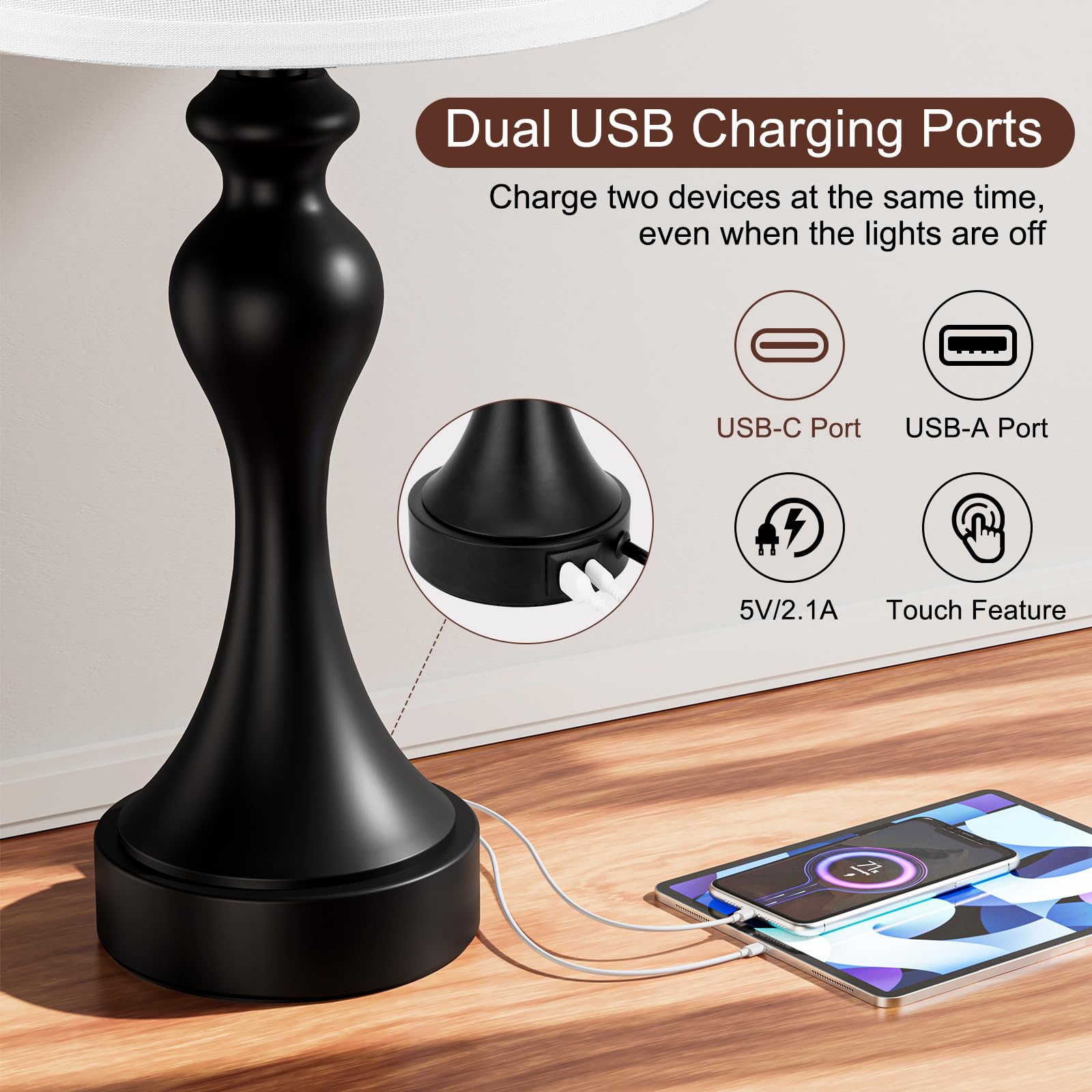 Seealle Touch-Lampen für Nachttisch - Nachttischlampen 2er Set, 3-Wege-Dimmbar, USB C + A für Schlafzimmer & Beistelltische (Weiß & Schwarz)