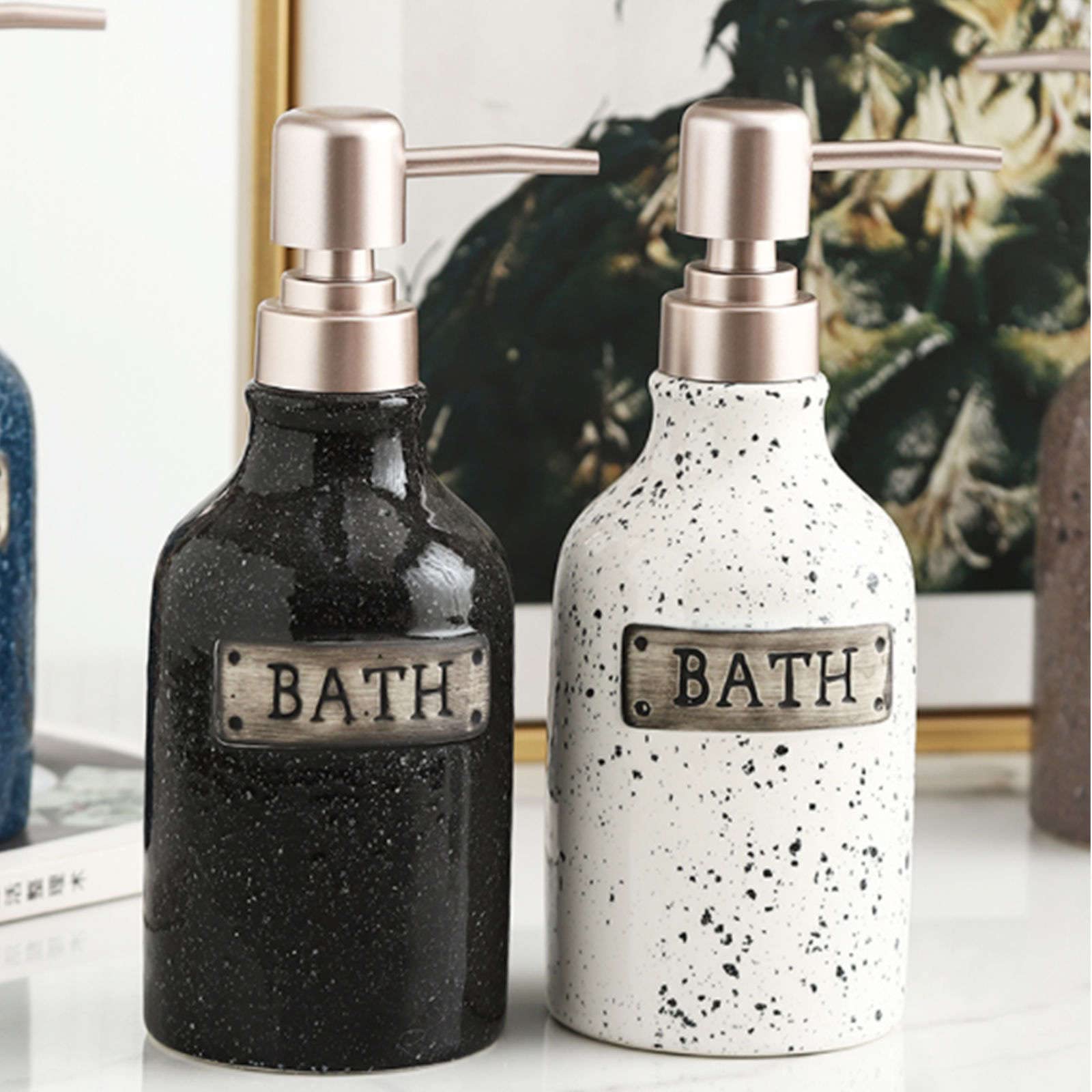 Dispensador de jabón, dispensador loción cerámica, Manos, encimera tocador baño rellenable, Blanco, 400 ml/14 oz