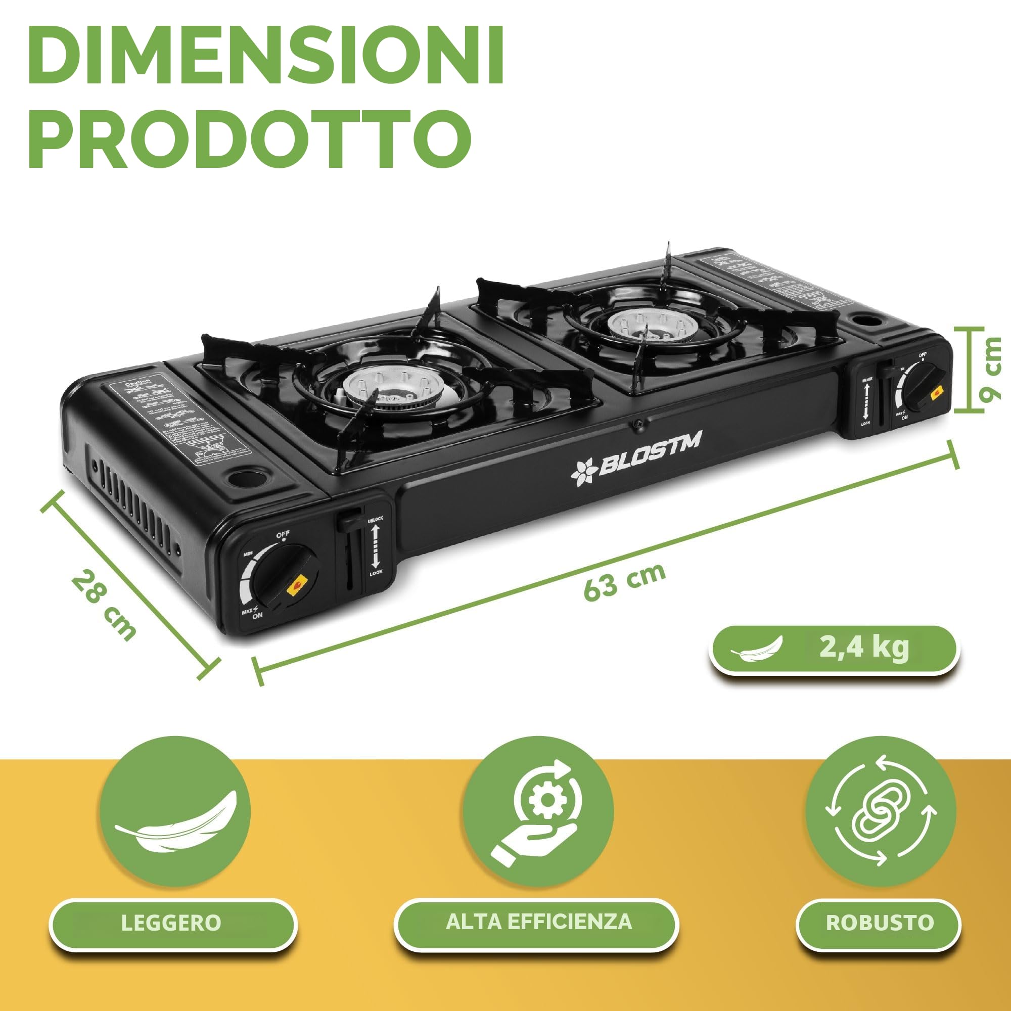 BLOSTM Fornello a Gas Portatile da Campeggio - Fornello da Campeggio a Doppio Bruciatore con Sistema di Accensione Automatica, Controllo della Temperatura - Uso con Gas Butano o GPL - Fornello da