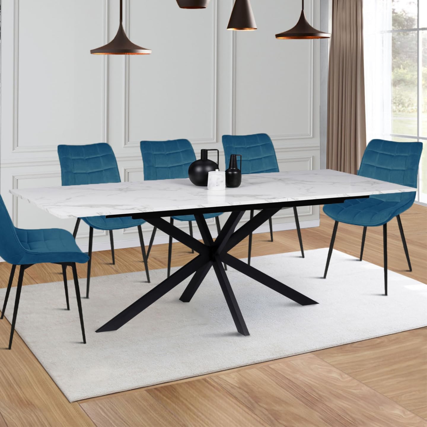 IDMarket – Mesa de comedor extensible rectangular Alix 6-10 personas, pie araña negro, bandeja efecto mármol blanco Alaska 160-200 cm