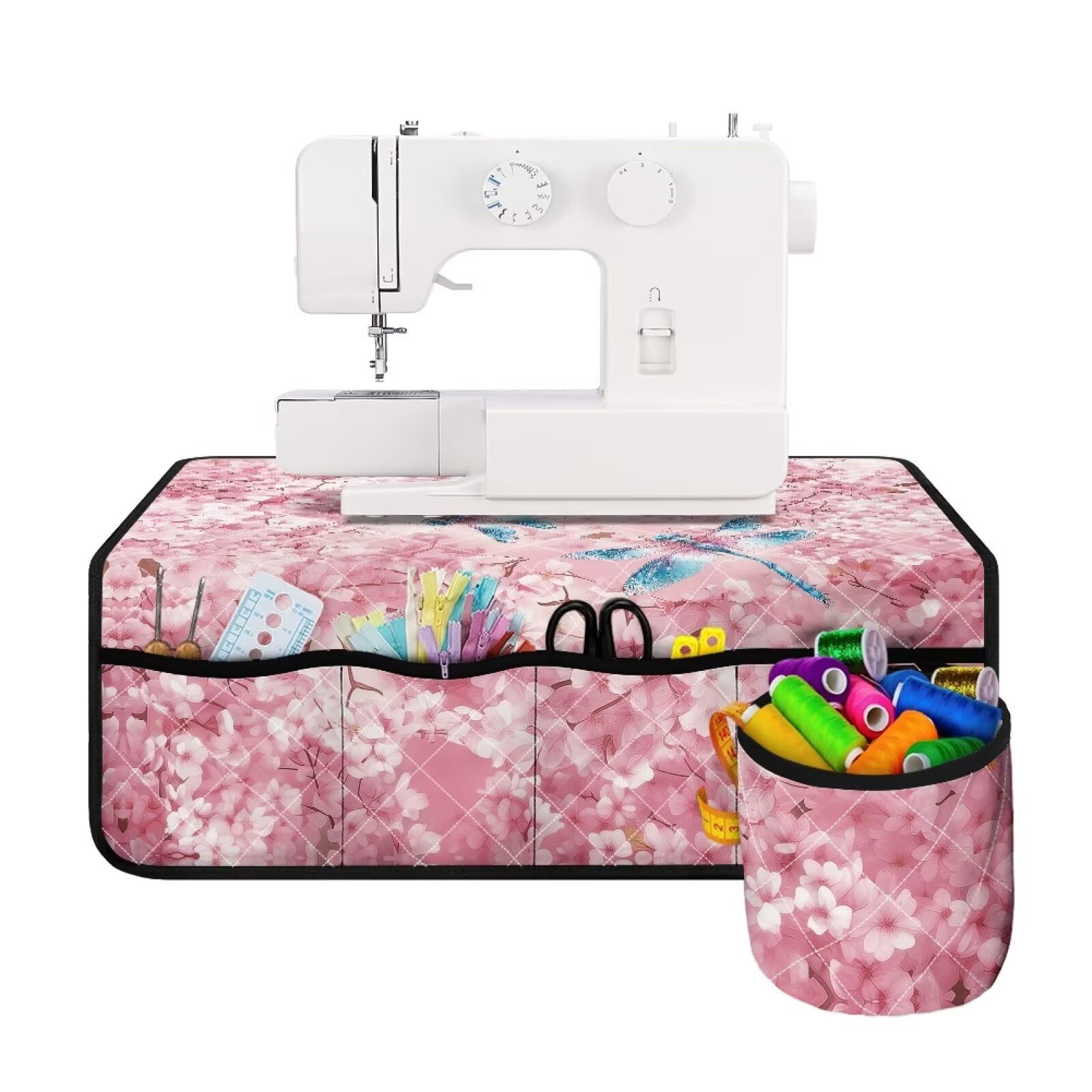 Sewing Machine Carrying Case, Sewing Machines Pad for Table with 4 Pockets Scratches-Proof Muffling Mat - Cherry Blossom Dragonfly