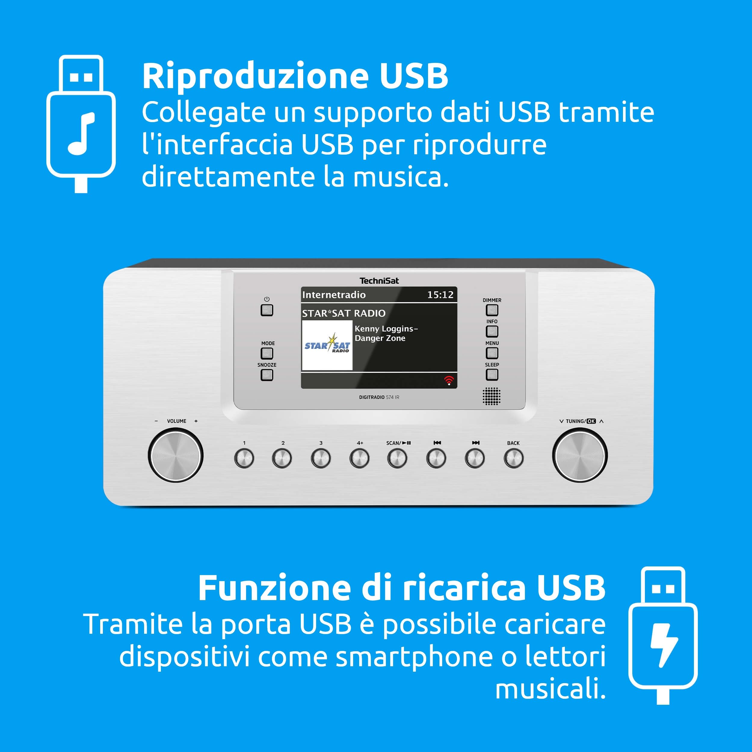 TechniSat DIGITRADIO 574 IR - Radio Internet stereo (DAB+, FM, WLAN, streaming audio Bluetooth, display a colori da 4 pollici, USB, AUX in, jack per cuffie, sveglia, 10 Watt, app/telecomando) argento