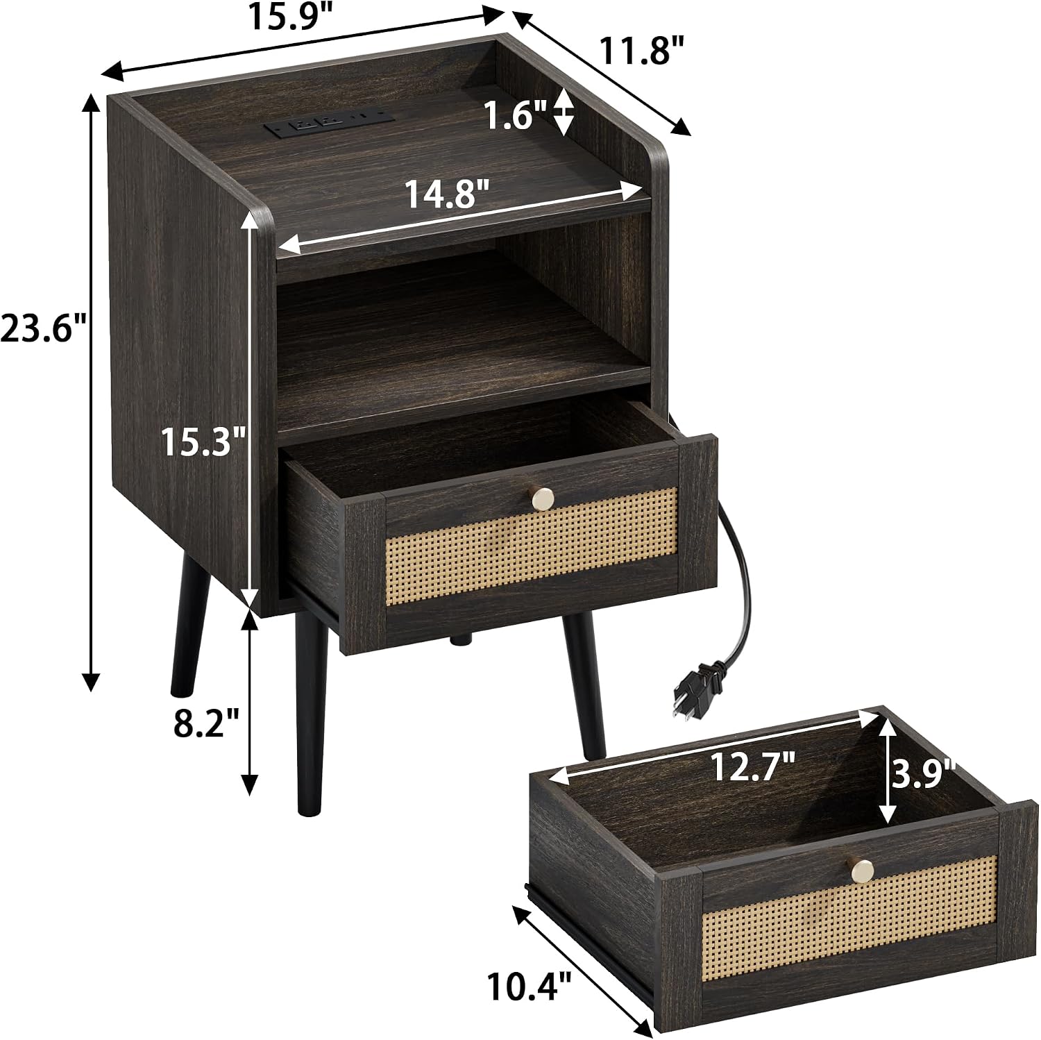 Rattan Nightstand Set of 2 with Charging Station, Modern Boho Bedside Table image 3