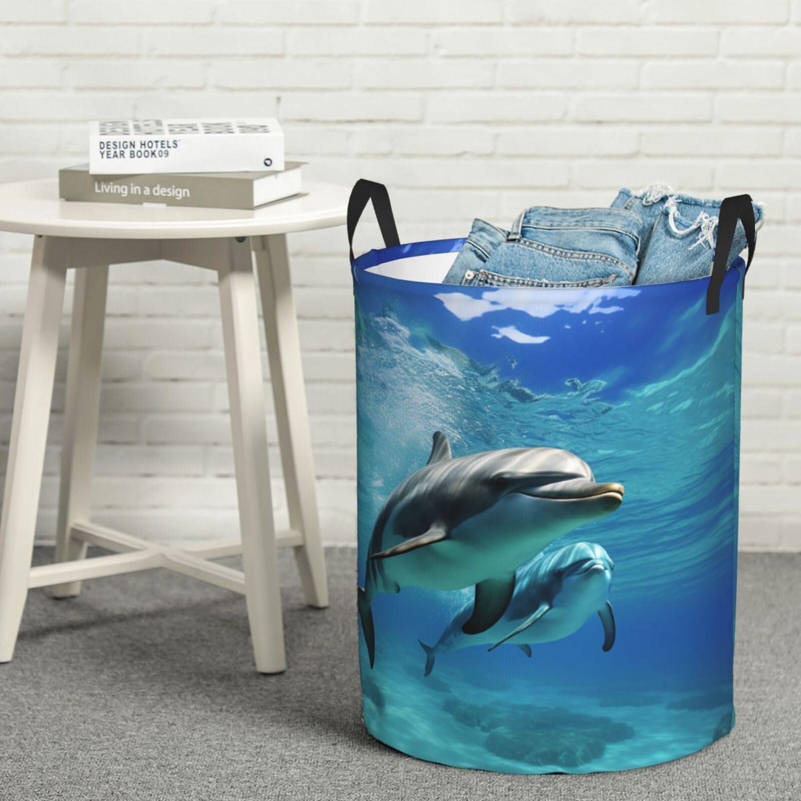 Fodpand Black Marine Dolphin Laundry Basket With Handle, Freestanding Laundry Hamper, Collapsible Dirty Clothes Hamper, Waterproof Fabric Blanket Storage Basket Tall Toy Storage Bin Room Decor Small