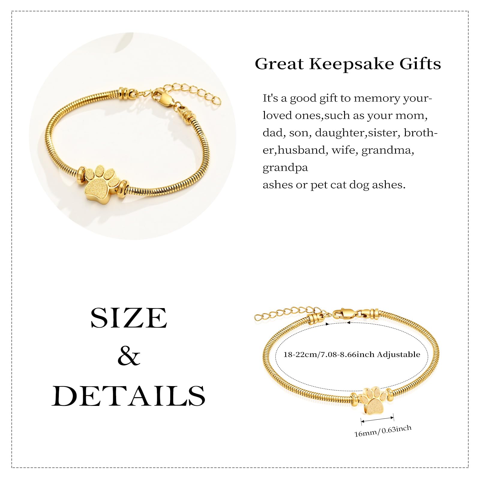 QGJNSGC Urn Bracelet for Ashes for Women Men Dog Cat Paw Print Pet Cremation Jewellery Adjustable Memorial Keepsake Snake Link Bracelet (Gold) - Image 2