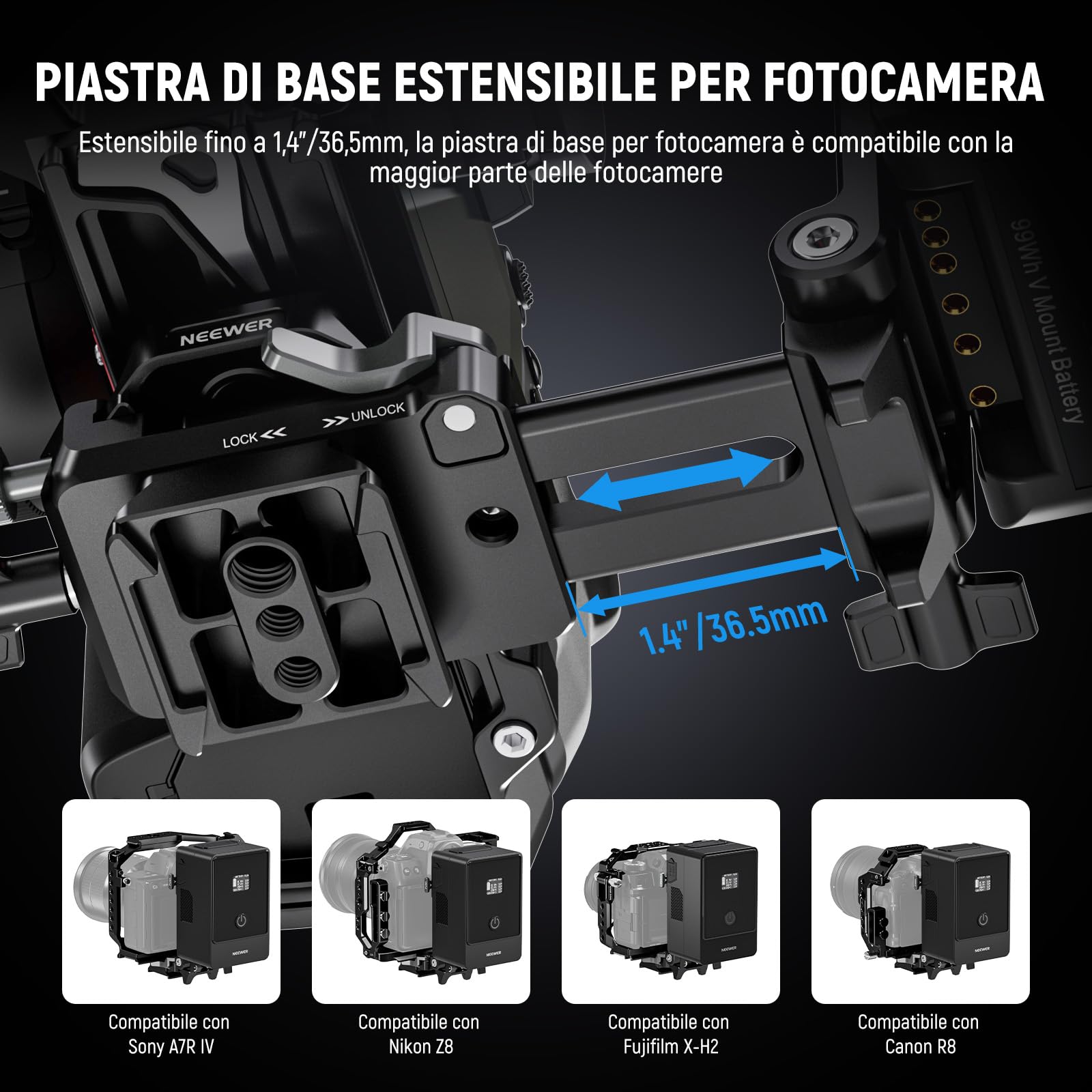 NEEWER PS015 PRO V Mount Battery Plate con Piastra a Sgancio Rapido Tipo Arca e Panno Pulizia, Adattatore V Lock Pieghevole per NEEWER PS099E Compatibile con DJI RS4 RS3 Gimbal Camera Cage Video Rig