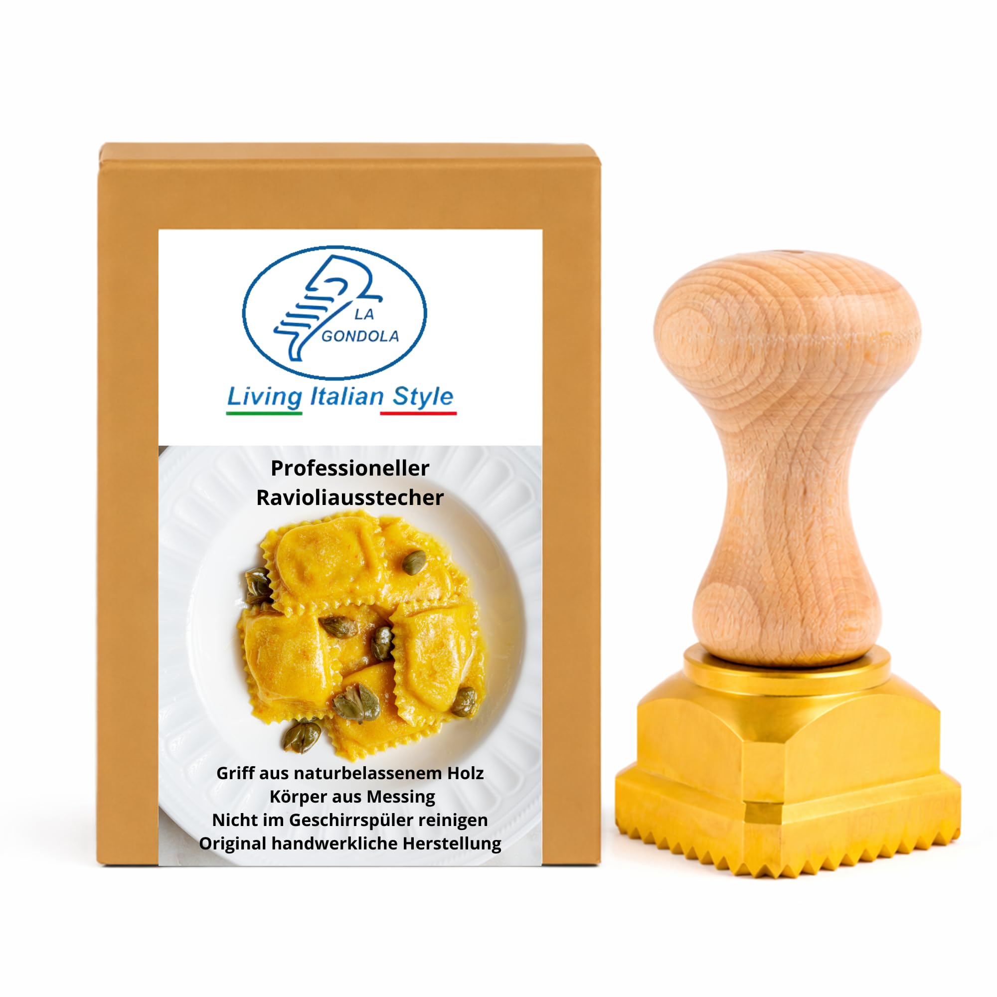 La Gondola Ravioli-Stempel - Quadratisch Gewellt 45x55mm | Italienisches Pasta-Werkzeug für Zuhause gewerbliche Küche | Messing, Naturholz | Einfach zu verwenden | Ravioli Ausstecher Made in Italy