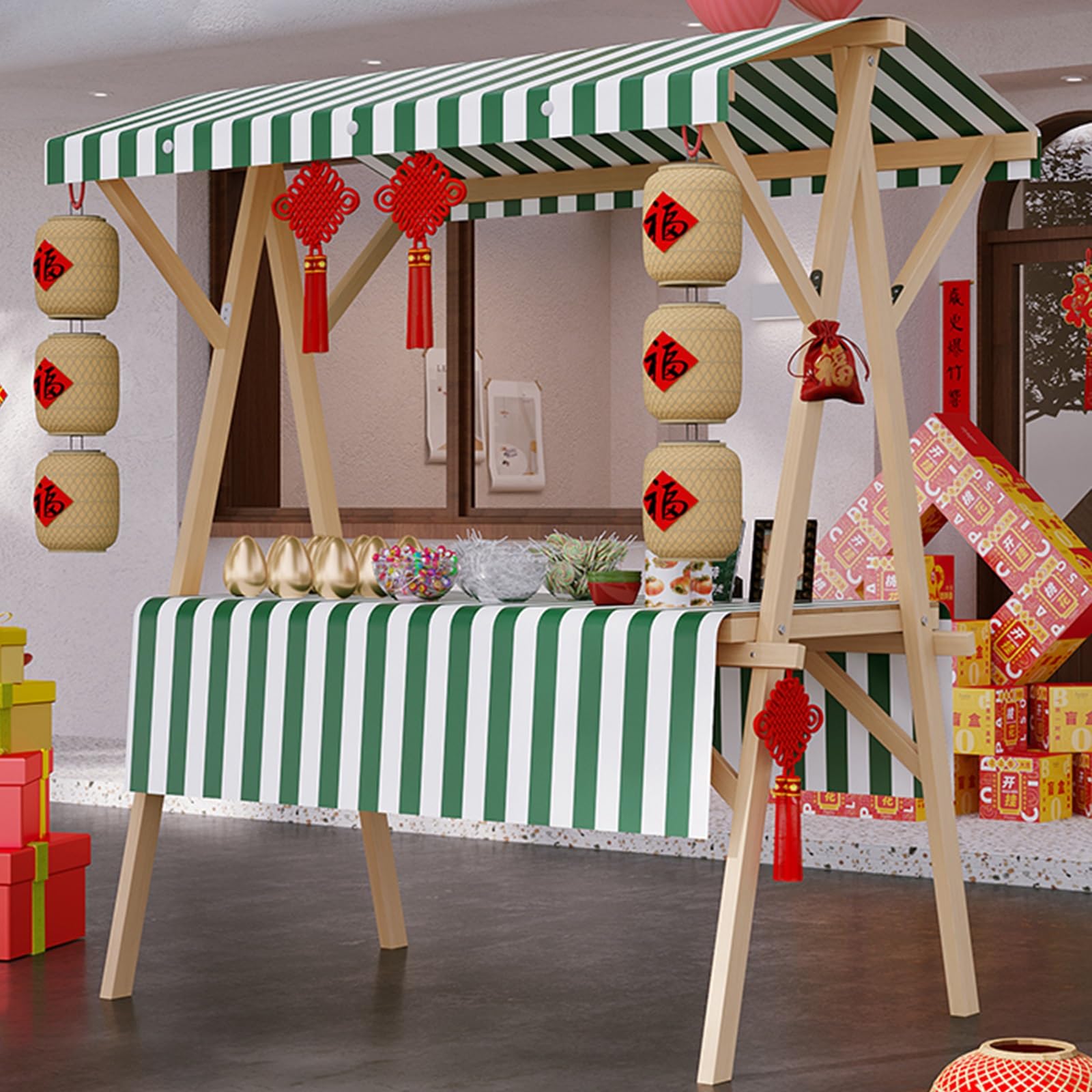 Carrito de perros calientes de madera plegable con toldo colorido para eventos