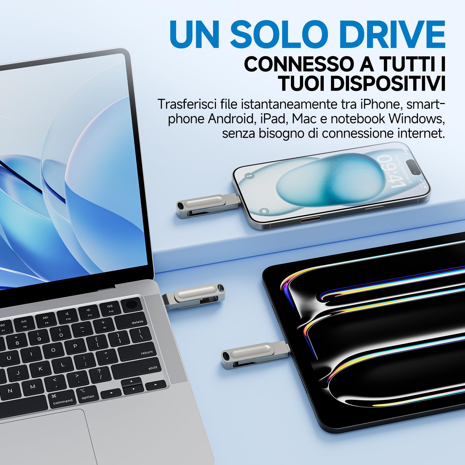 Chiavetta USB 64 GB per iPhone – Pendrive 3 in 1 con Adattatore Type C MFi Certificata Pennetta USB con Lightning, USB A 3.0, USB C, 360° Girevole in Metallo per iPhone, iPad, Mac, PC e Android