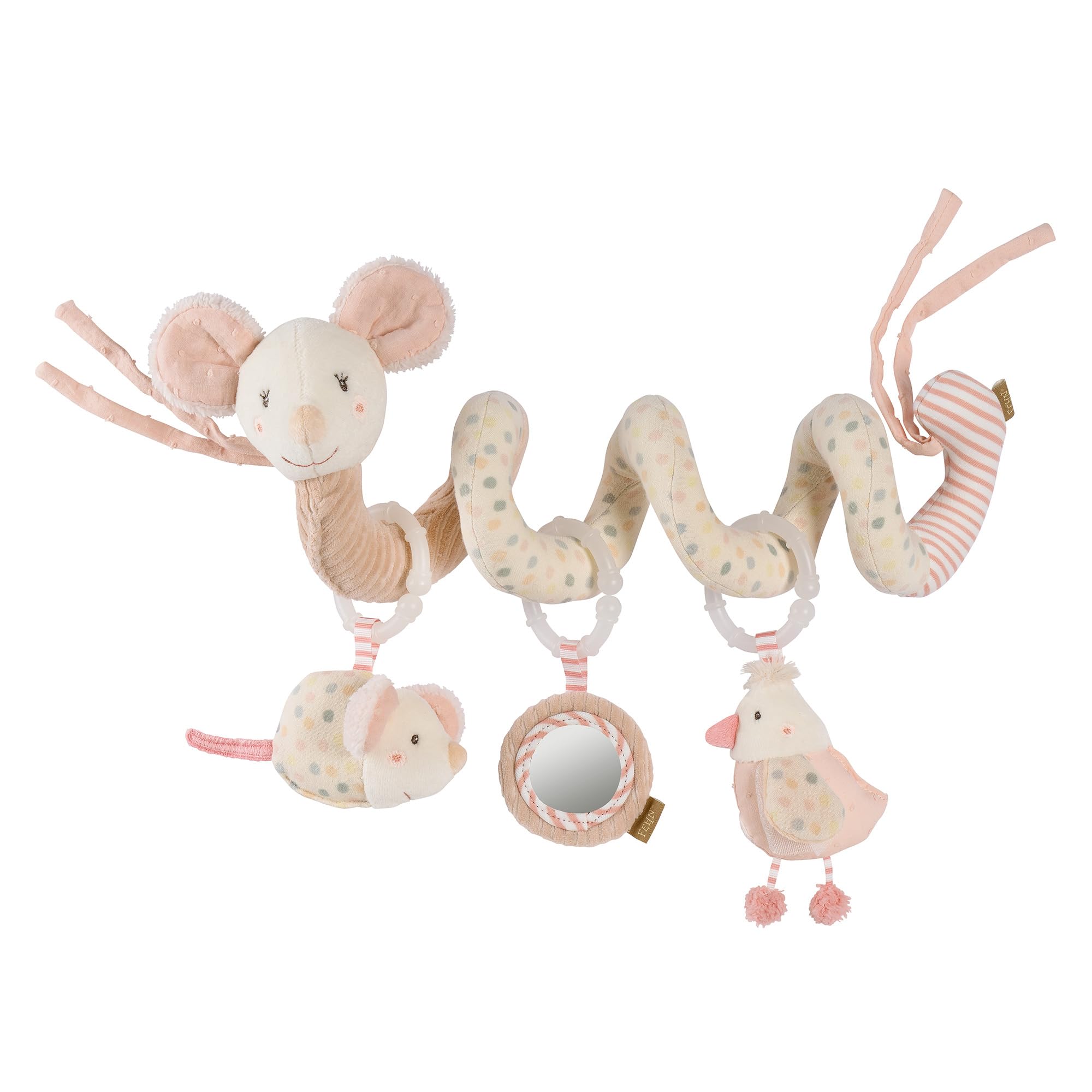Fehn Activity-Spirale Maus – Motorikspielzeug mit Lernfunktionen zum Tasten, Fühlen, Spielen – Stoff-Spirale fördert Greifen, Tastsinn & Motorik – für zuhause & unterwegs, für Babys ab Geburt