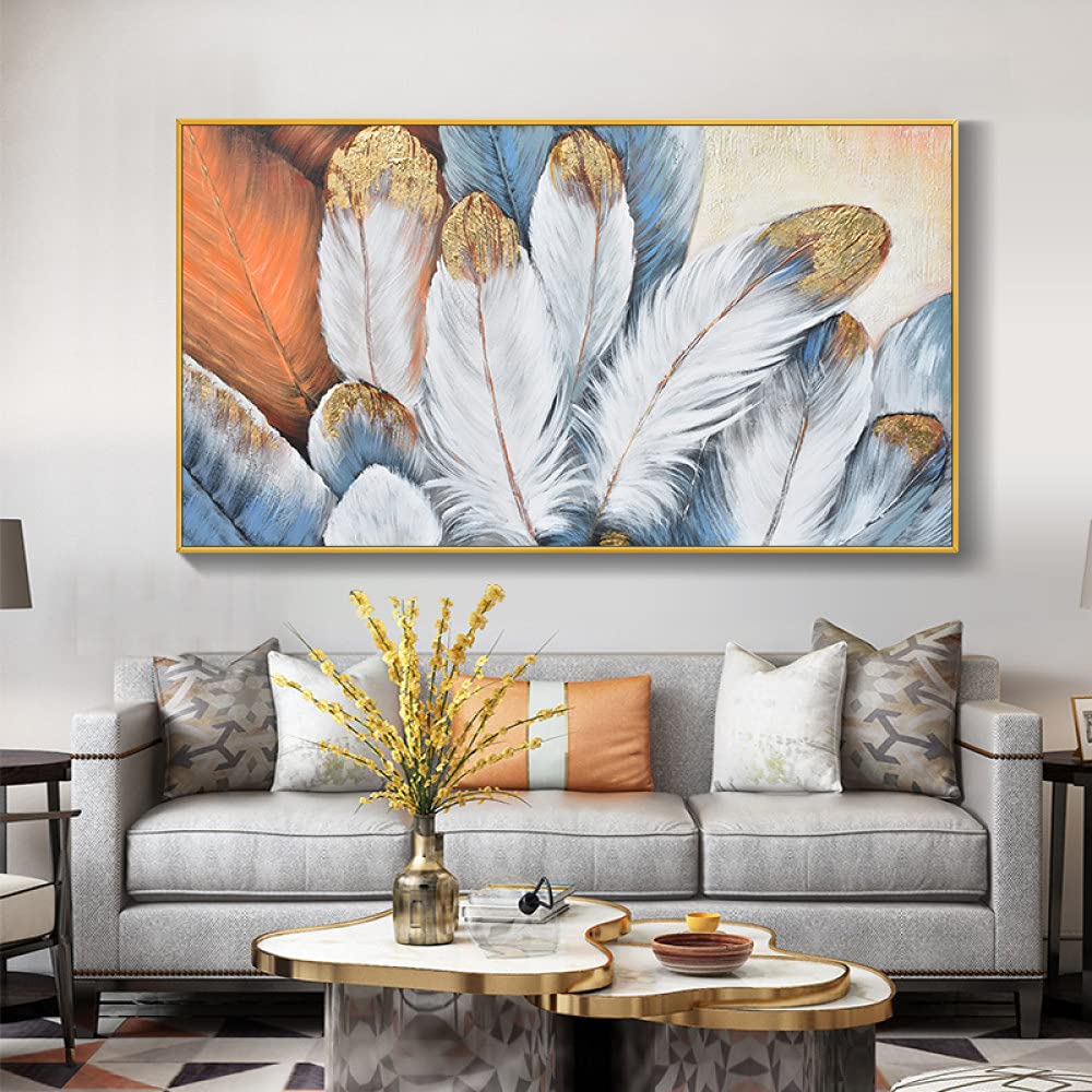 Handgemalte Leinwand Bilder,Abstrakte Kunst Wand Goldfolie Weiße Feder Rechteck Kunstwerk Spachtel Strukturiert Große Größe Rahmenlose Coole Gemälde Wohnkultur Für Studieren Wohnzimmer,60X120C