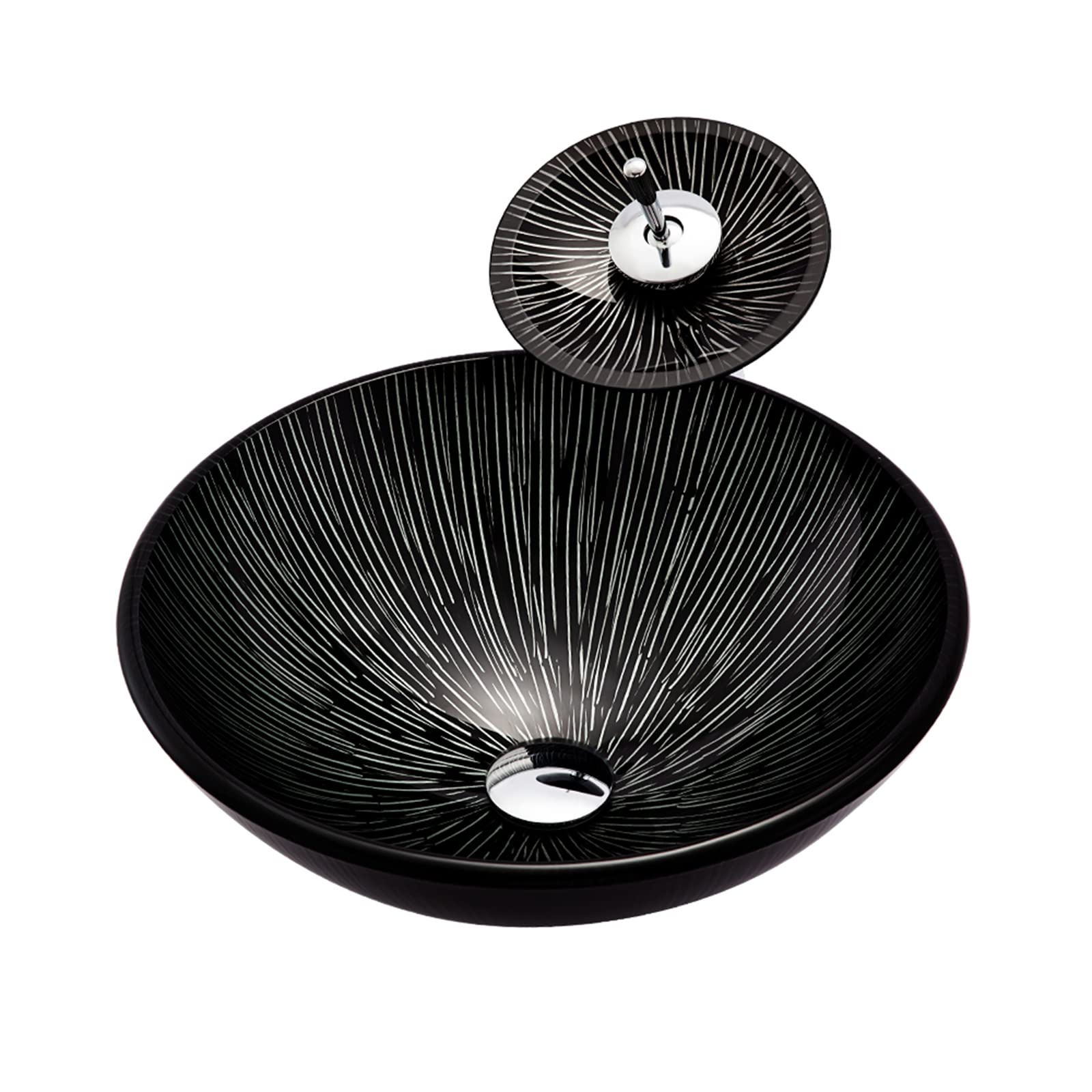 Vasque artistique sur comptoir en verre avec robinetterie cascade noire blanche