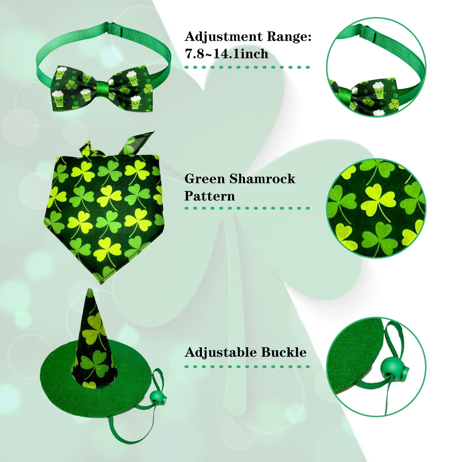 St. Patrick's Day Haustierkostüm-Set – 3-teilig, Mit Zylinder & 2 Fliegen | Verstellbar, Für Große Hunde | Grün Mit Kleeblatt-Deko