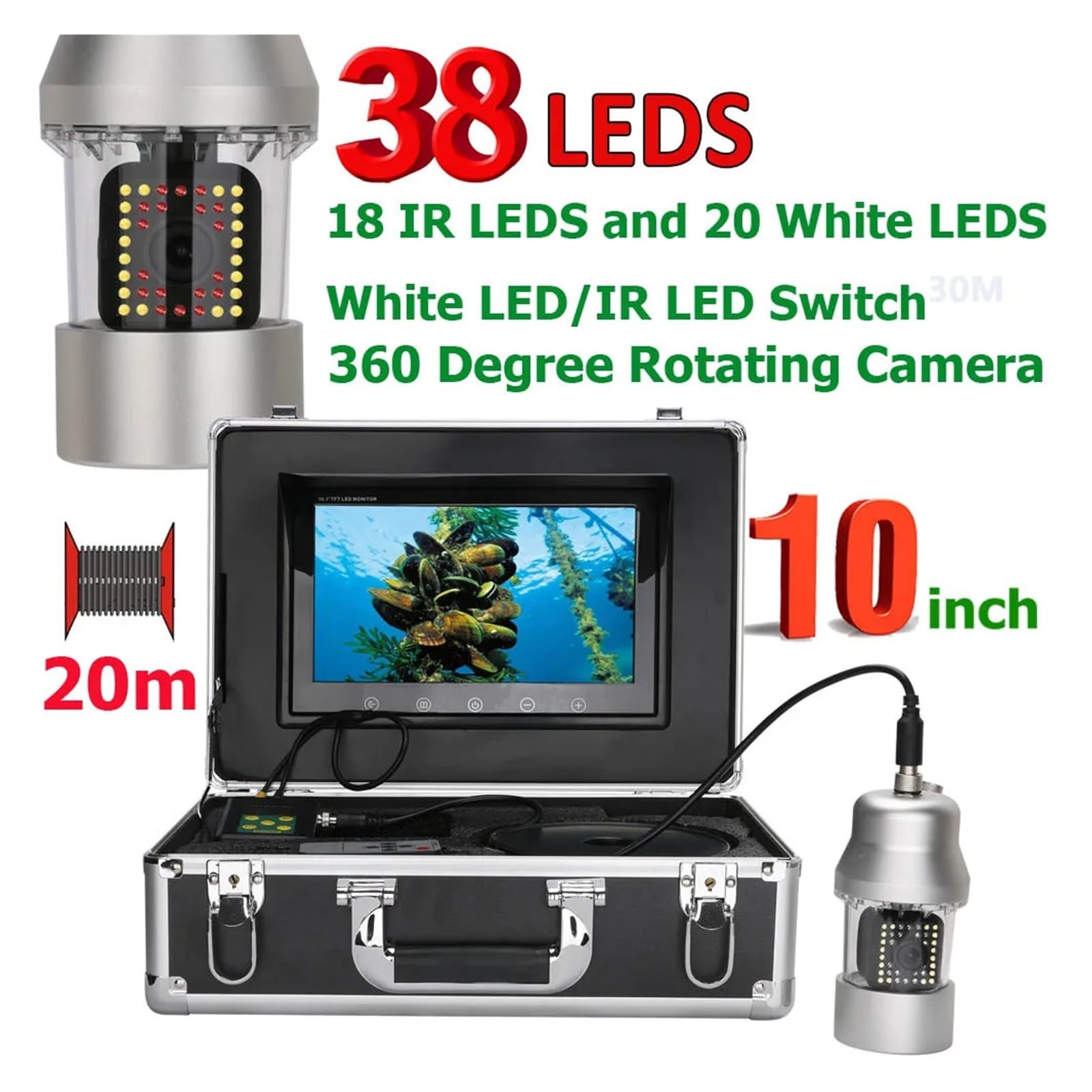 Cámara de pesca submarina de 10 pulgadas, 50 m, 100 m, IP68, resistente al agua, 38 LED, rotación de 360 ​​grados. Vista clara(38 LEDs 50M Cable)