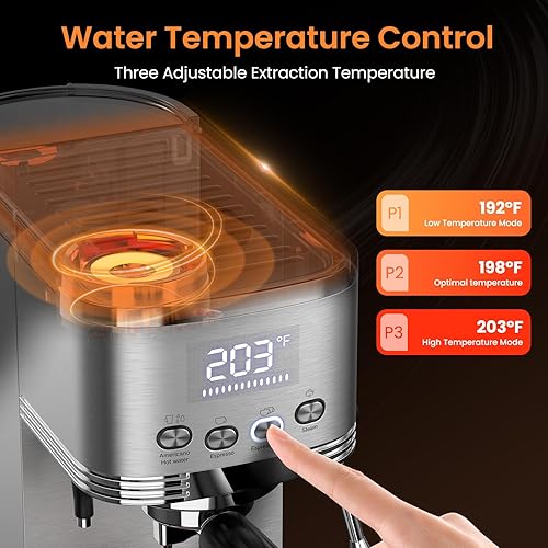 Miniatura 3 de Máquina de café expreso de 20 barras con espumador de leche de vapor, cafetera expresso compacta de acero inoxidable para capuchino latte americano,