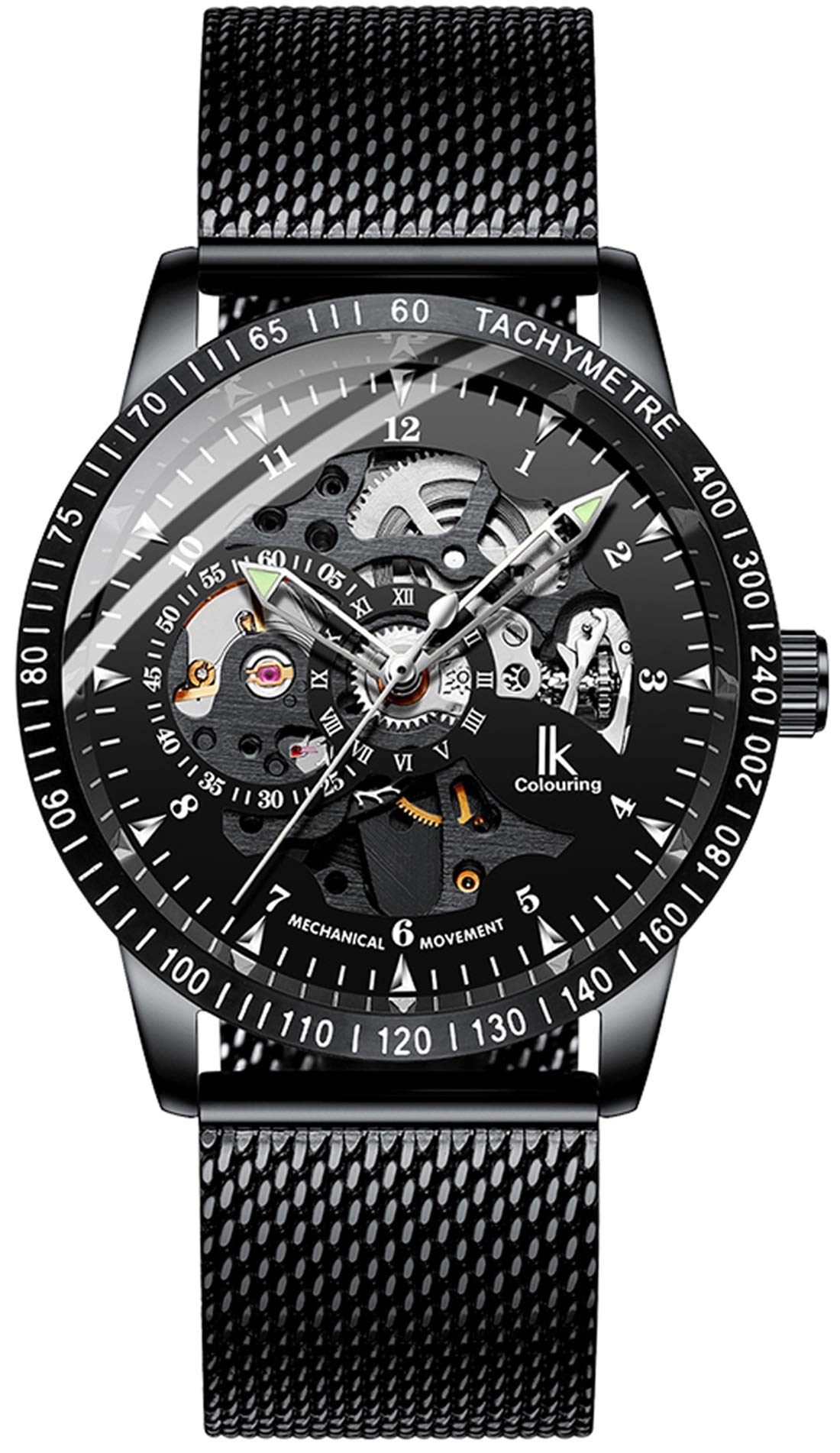 Mens Watch Black Mesh Band- Black Skeleton Dial Design - Automatic Watches for Men