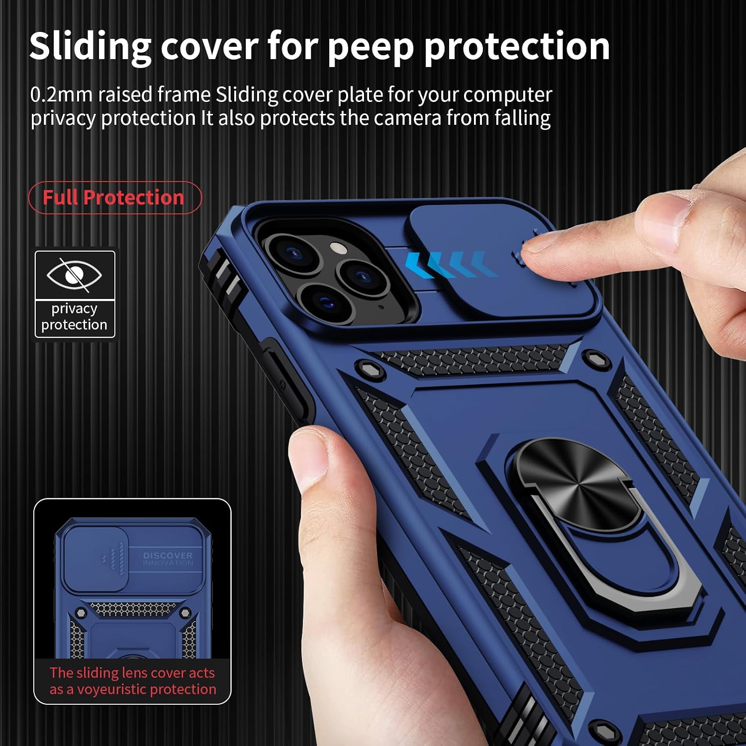 for iPhone 11 Pro Case with Camera Lens Cover HD Screen Protector, 10 FT Military Grade Drop Protection, Magnetic Ring Holder Kickstand Protective Phone Case for iPhone 11 Pro 5.8 inch, Navy Blue image 3