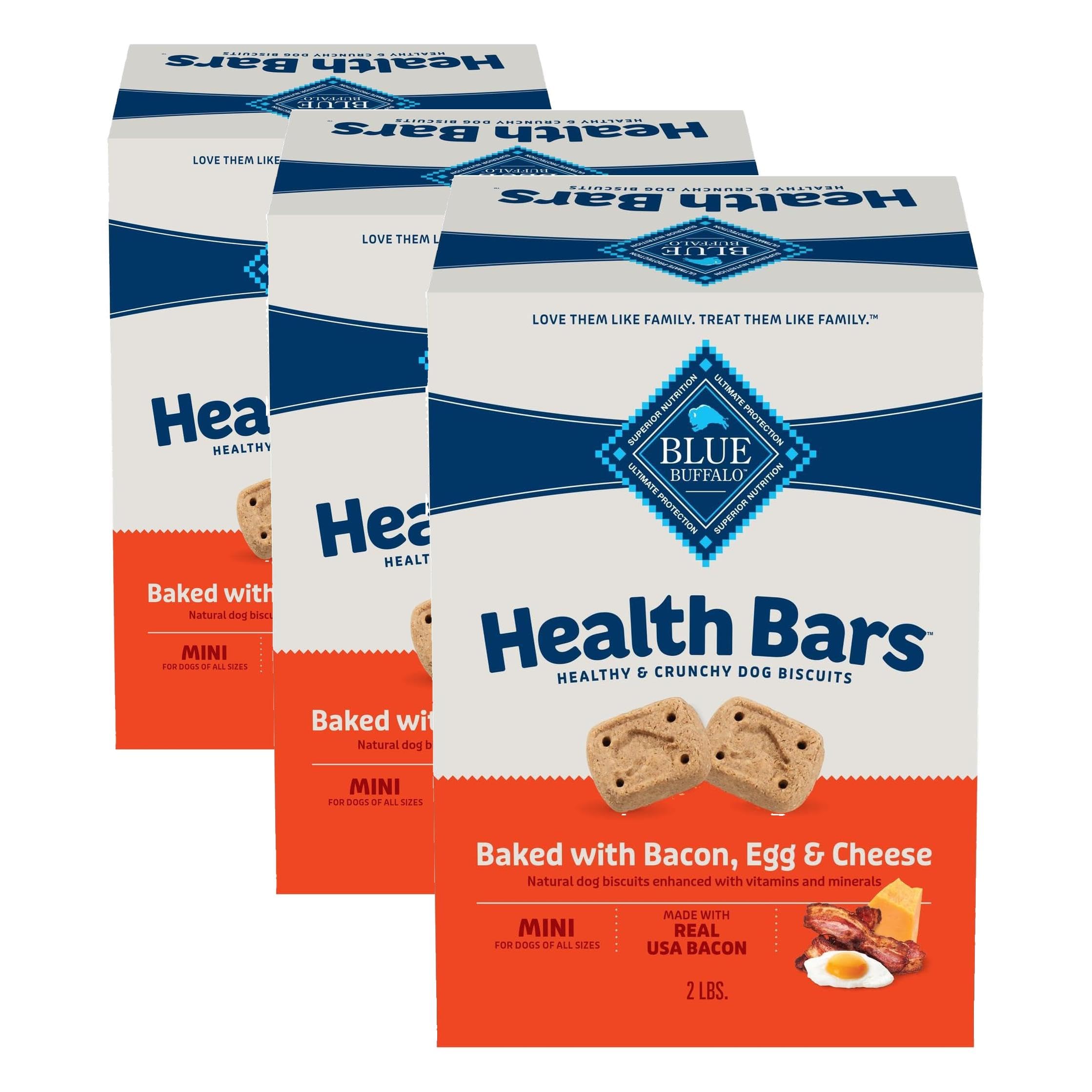 Blue Buffalo Mini Health Bars Crunchy Dog Biscuits, Oven-Baked with Natural Ingredients, Bacon, Egg &amp; Cheese, 2-lb Box (Pack of 3)