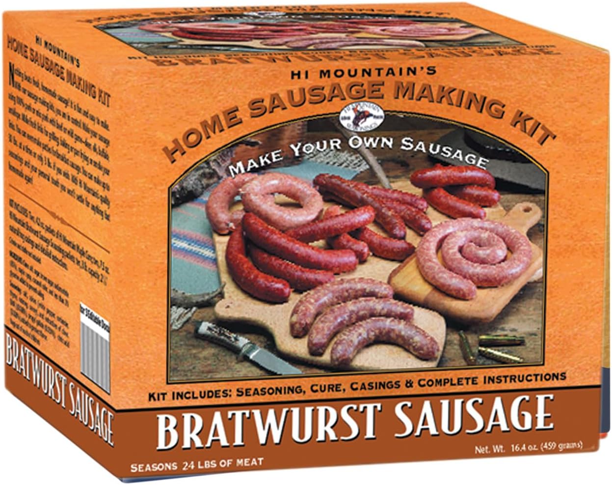 Hi Mountain Seasonings ǀ BRATWURST Sausage Making Kit ǀ Includes Sausage Seasoning, Cure, Natural Hog Casings, and Simple-to-Follow Directions ǀ Creates 24 lbs of Delicious Bratwurst Sausage