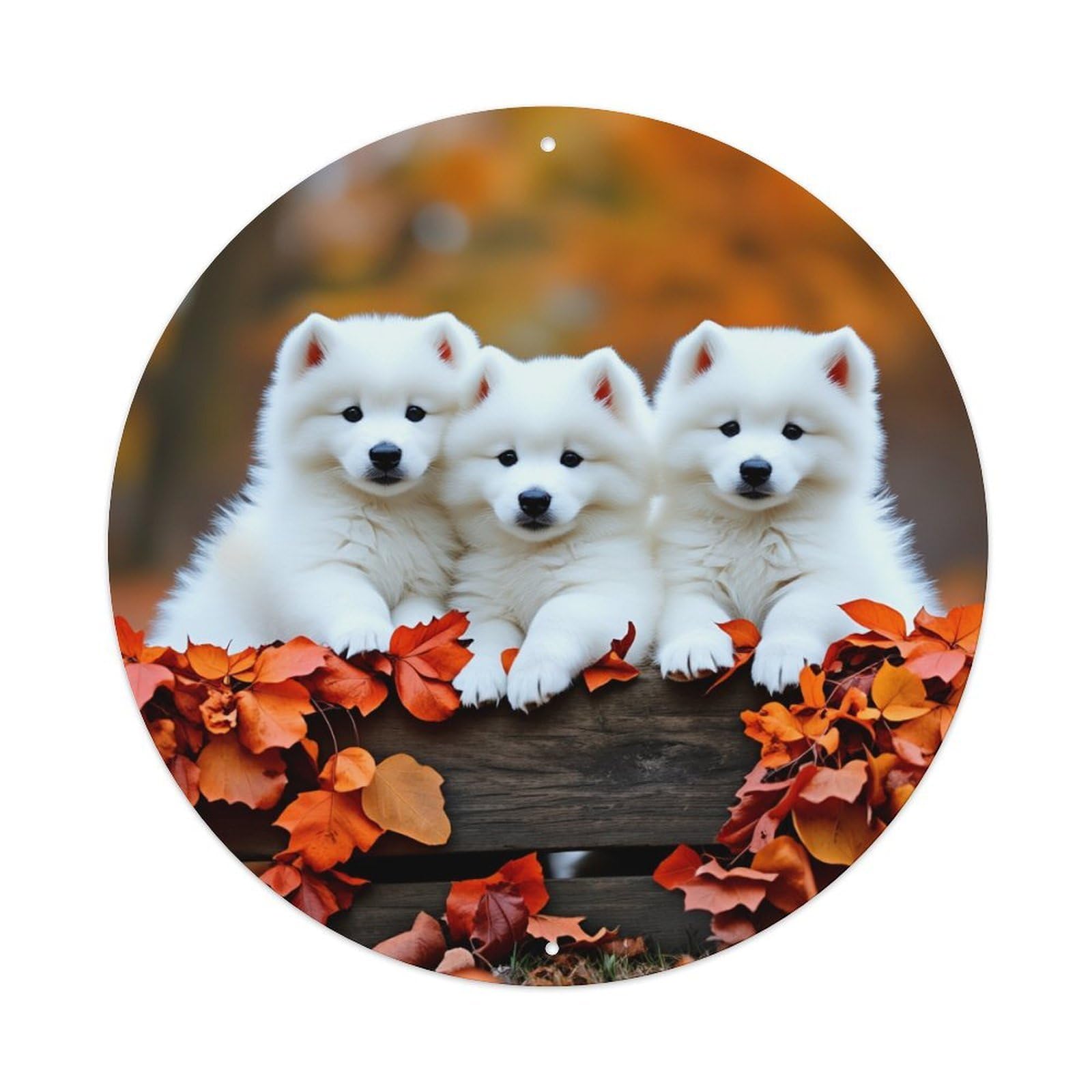 Lvalogy Style Autumn Leaves Puppies White Fluffy Metal Tin Sign Plaque