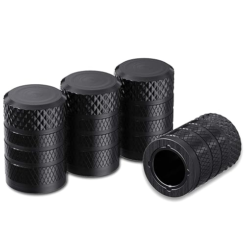 CKAuto Tire Valve Stem Caps, Black, 4 pcs/Pack, Anodized Aluminum Tire Valve Cap Set, Corrosion Resistant, Universal Stem Covers for Cars Trucks Motorcycles SUVs and Bikes - Black