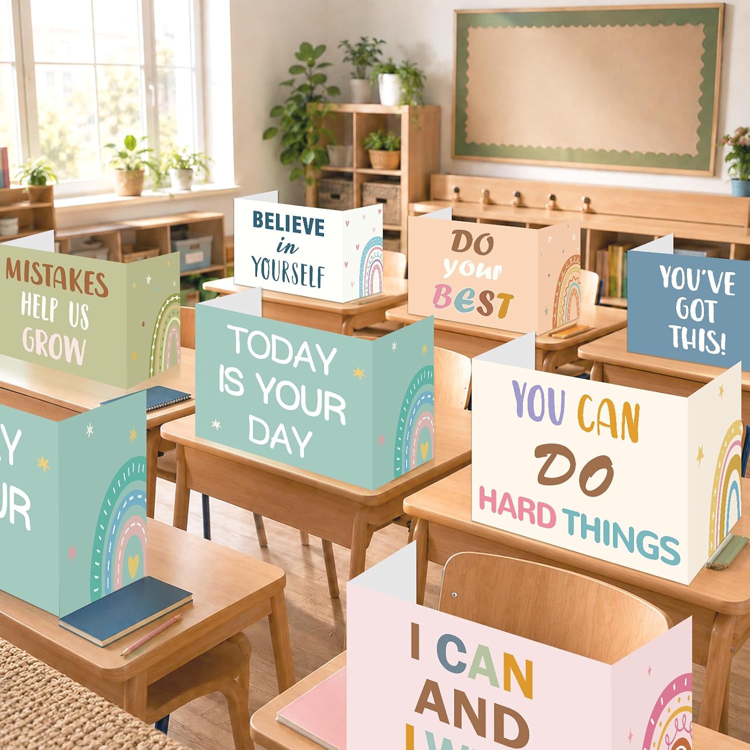 24Pack Bulk Boho Inspirational Words Desk Dividers for Students Privacy Classroom Shields Folder Boards Testing Divider Cardboard Study Carrel Dividers for Back to School Teacher Supplies